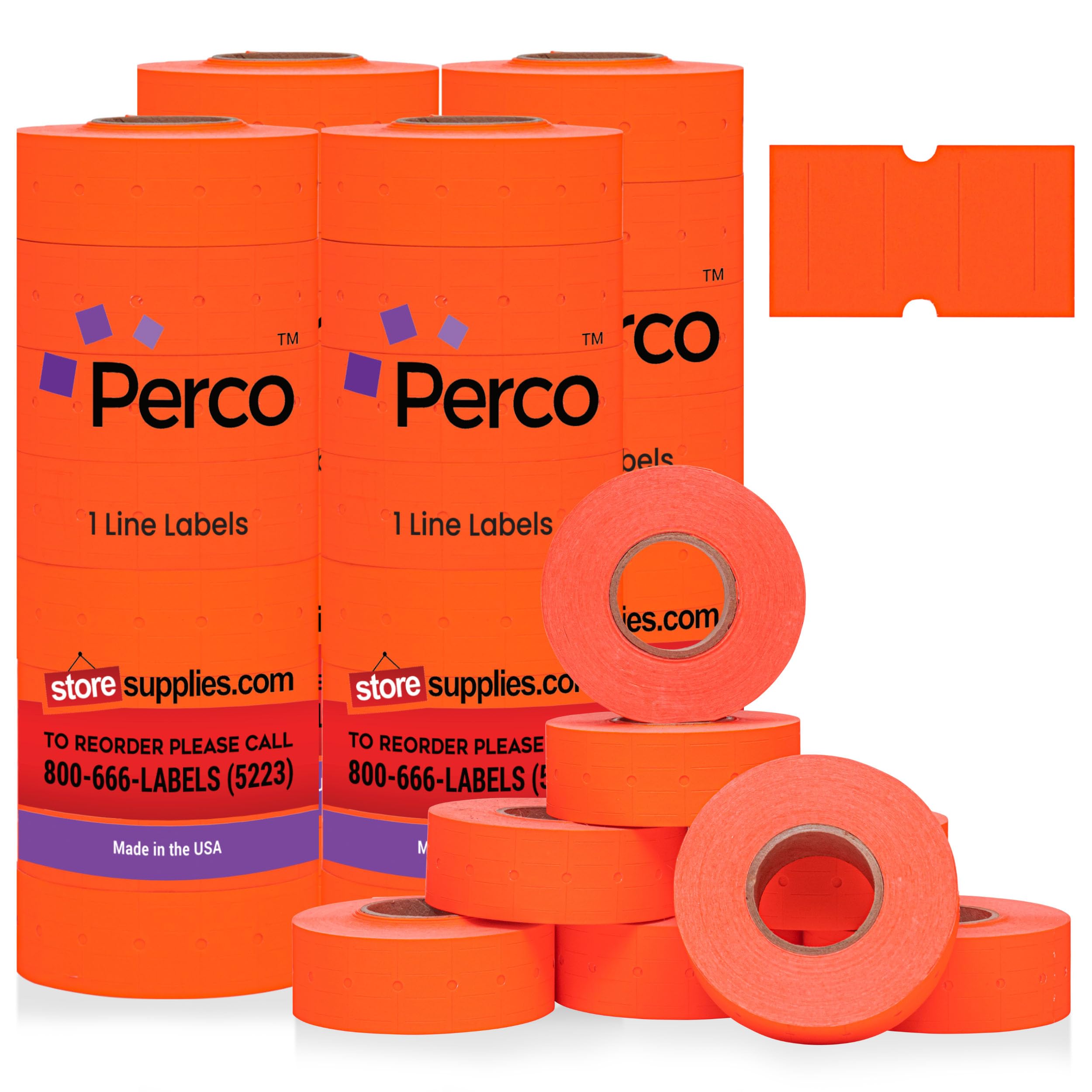 Perco 1 Line Fluorescent Red Labels - 32 Rolls, 4 Sleeves, 32,000 Blank Price and Date Gun Labels for Perco 1 Line Price and Date Guns - Made in USA