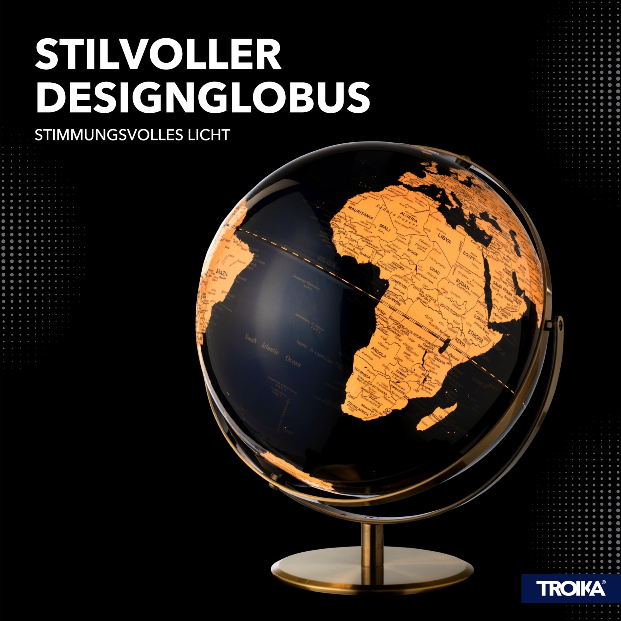 TROIKA Globus beleuchtet dimmbar 30cm JURI LIGHT FLEX Akku betrieben Magnet-USB-C-Kabel Ladeanzeige mit 2 beweglichen Achsen und Kartenrelief auf gebürstetem Metallfuß in bronzefarben, dunkelblau