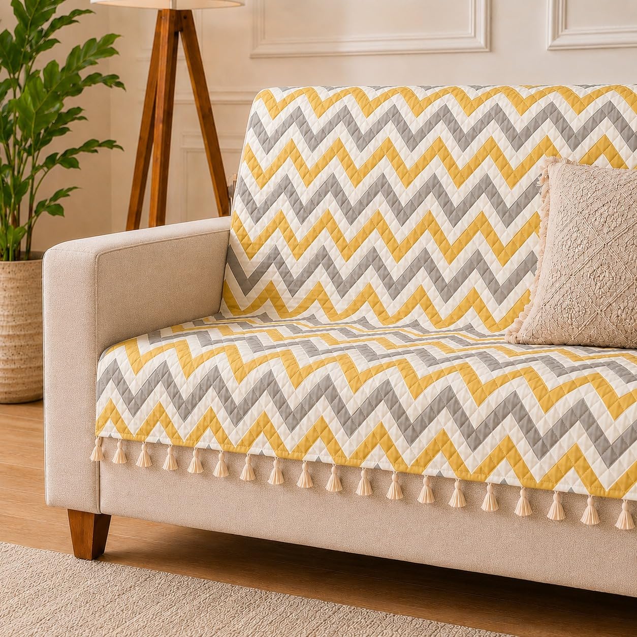 Velvet Sofa Cover - 4 Seater, Yellow Zigzag -2 Velvet Sofa Cover - 4 Seater, Yellow Zigzag -2