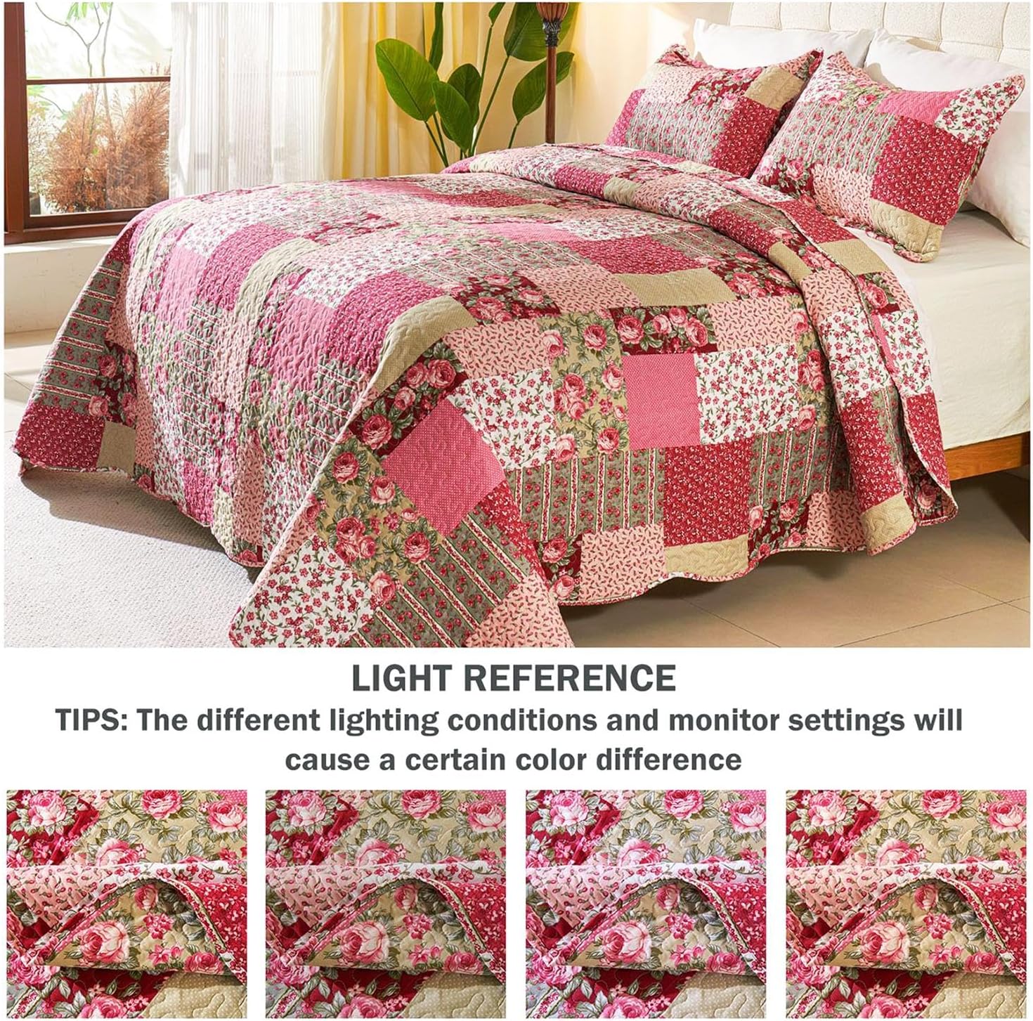 Cmfshape Romantic Patchwork Quilt Set Queen Size,Reversible Bedspread Coverlet 3-Piece,Floral Bed Cover Set with Pillow Shams,Lightweight Microfiber Bedding Set for All Season (Hot Pink,90x90) - Image 6