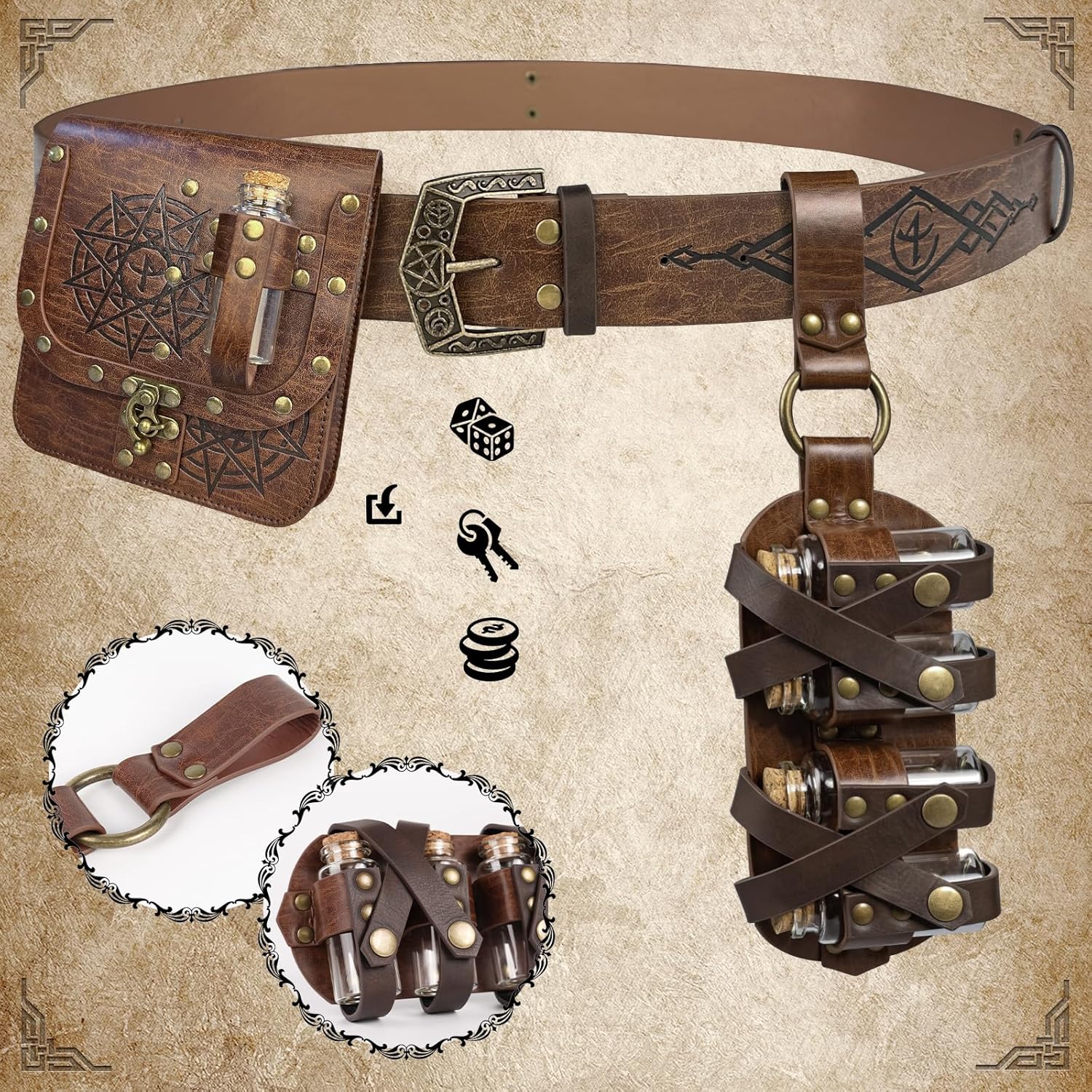 Medieval Fantasy Belt Set with Potion Bottles & Alchemy Bag Renaissance Ren Faire Cosplay Accessories Wizard Costume - Image 4