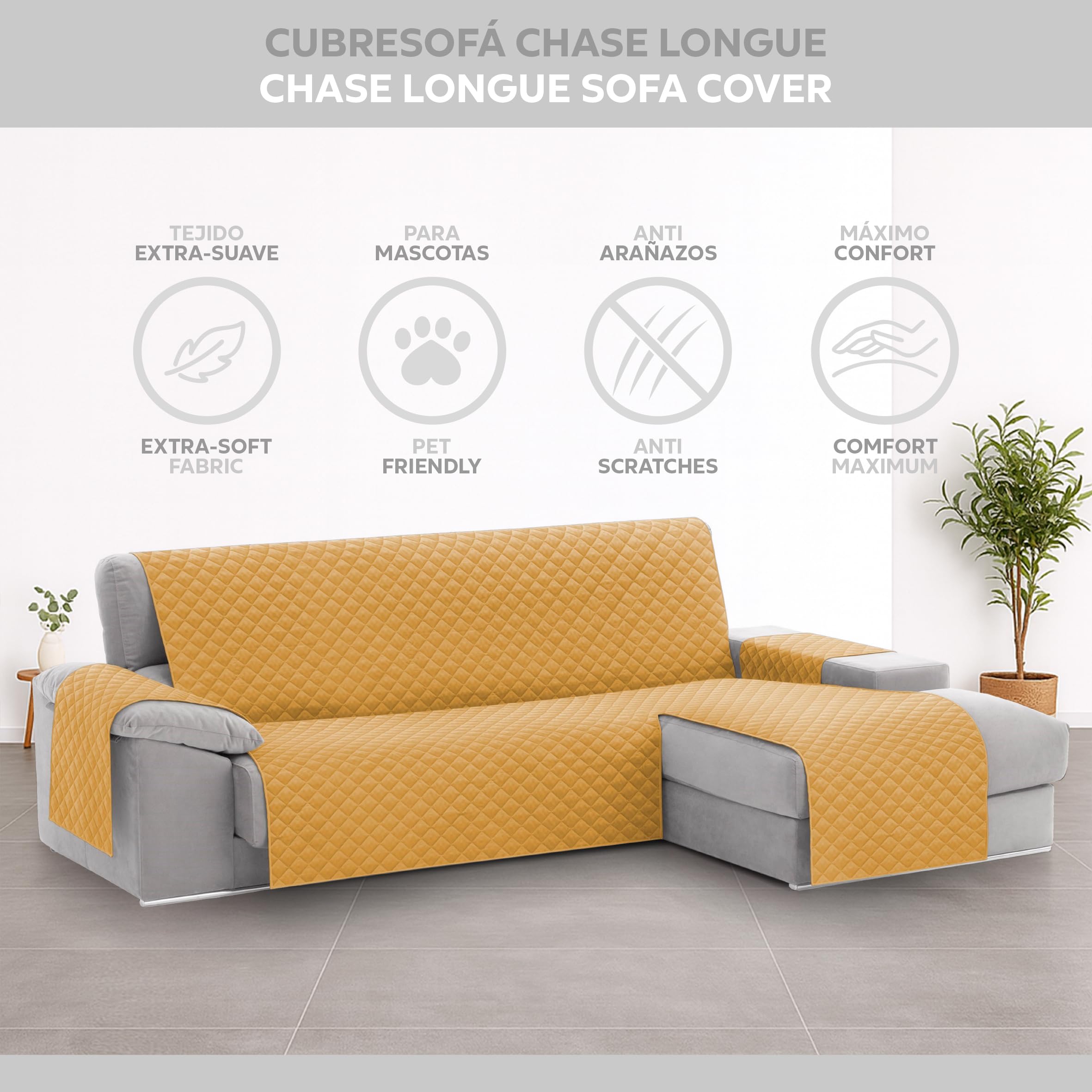 Textilhome Copridivano Chaise Longue con Penisola Malu 240cm – Salvadivano Trapuntato Universale con Bracciolo Destro, Protezione per Animali Domestici, Colore Senape (Visto da Davanti)