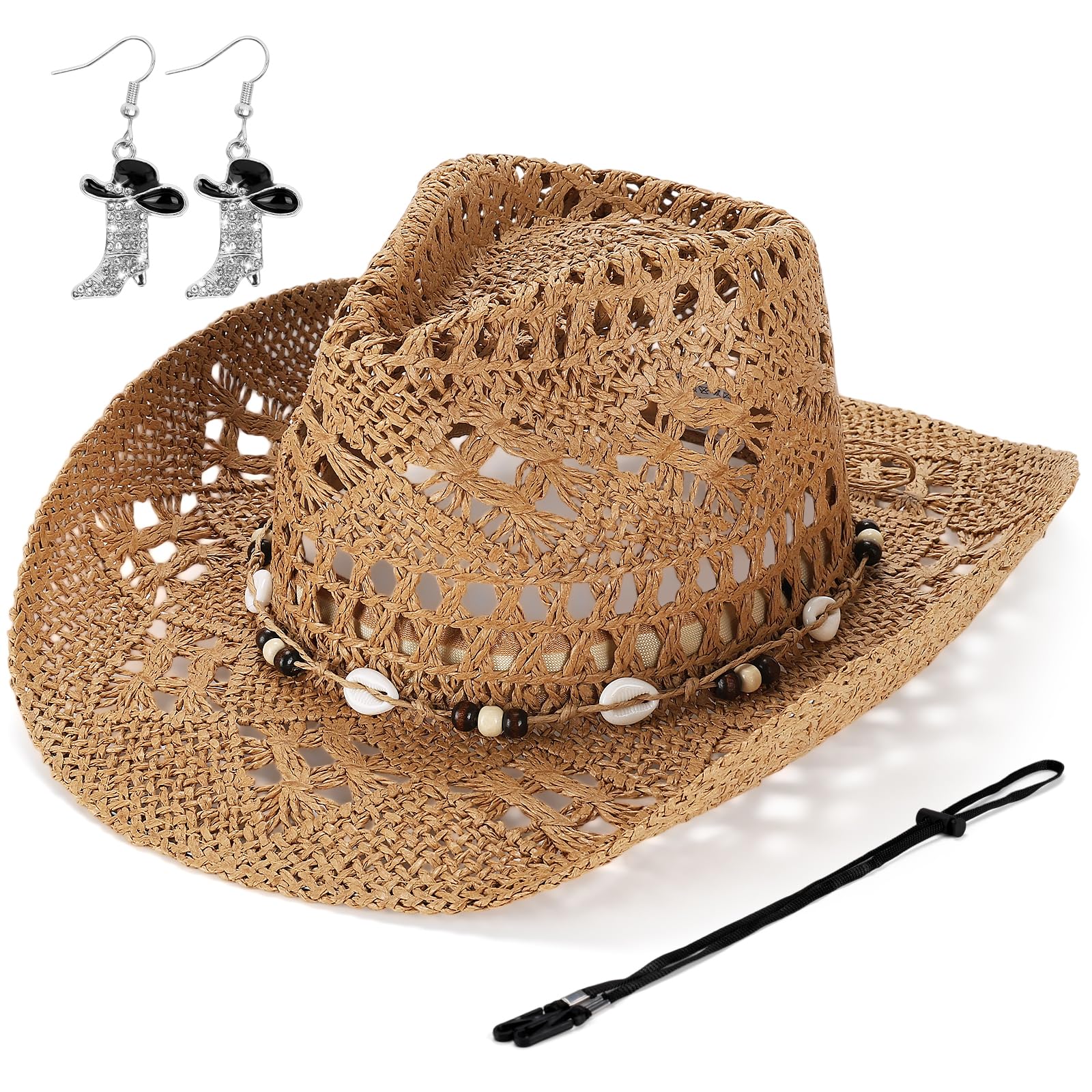 Geebuzz Women's Brown Straw Cowboy Hat For Western Cowgirl Hats With Boot Earrings, Brim Summer Beach Hat (Brown)