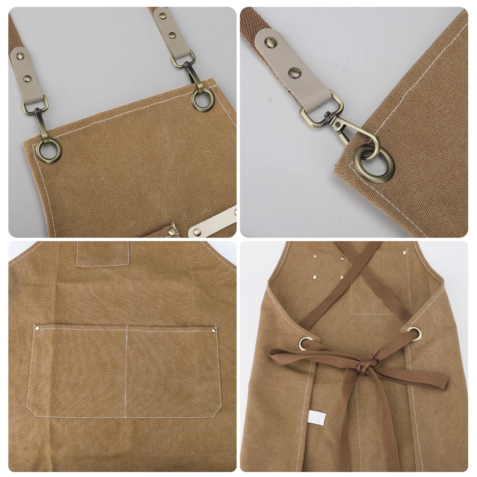 Grembiule da Lavoro, Grembiule Donna/Uomo Durevole di Tela con 3 Tasche per Falegname Tatuatore Fabbro Pittore Barista, Design a Tracolla, Adatto per Casa Lavoro Campeggio all'Aperto - Marrone