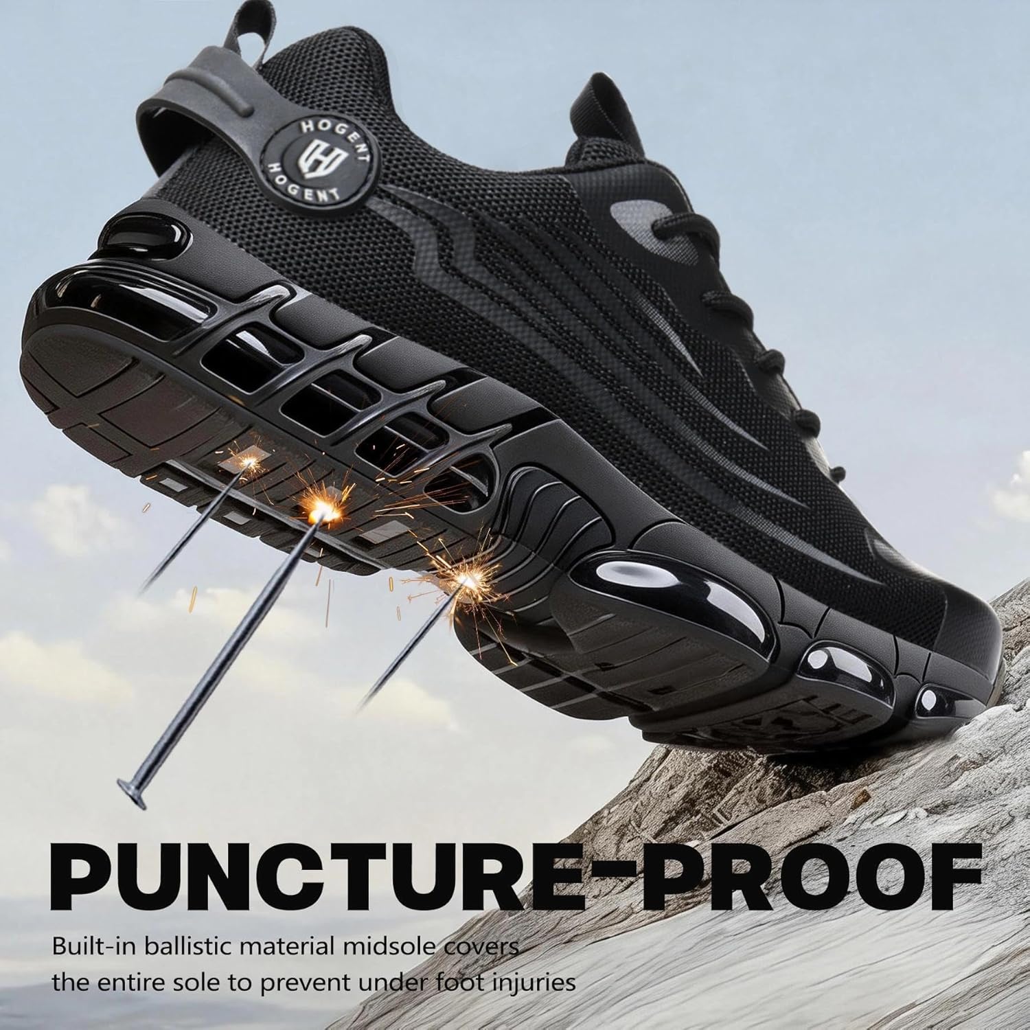 Hogent Steel Toe Shoes for Men Women Lightweight Safety Shoes with Puncture Proof Kevlar Midsole Comfortable Non Slip Work Shoes Women Air Cushion Indestructible Construction Utility Walking Sneaker