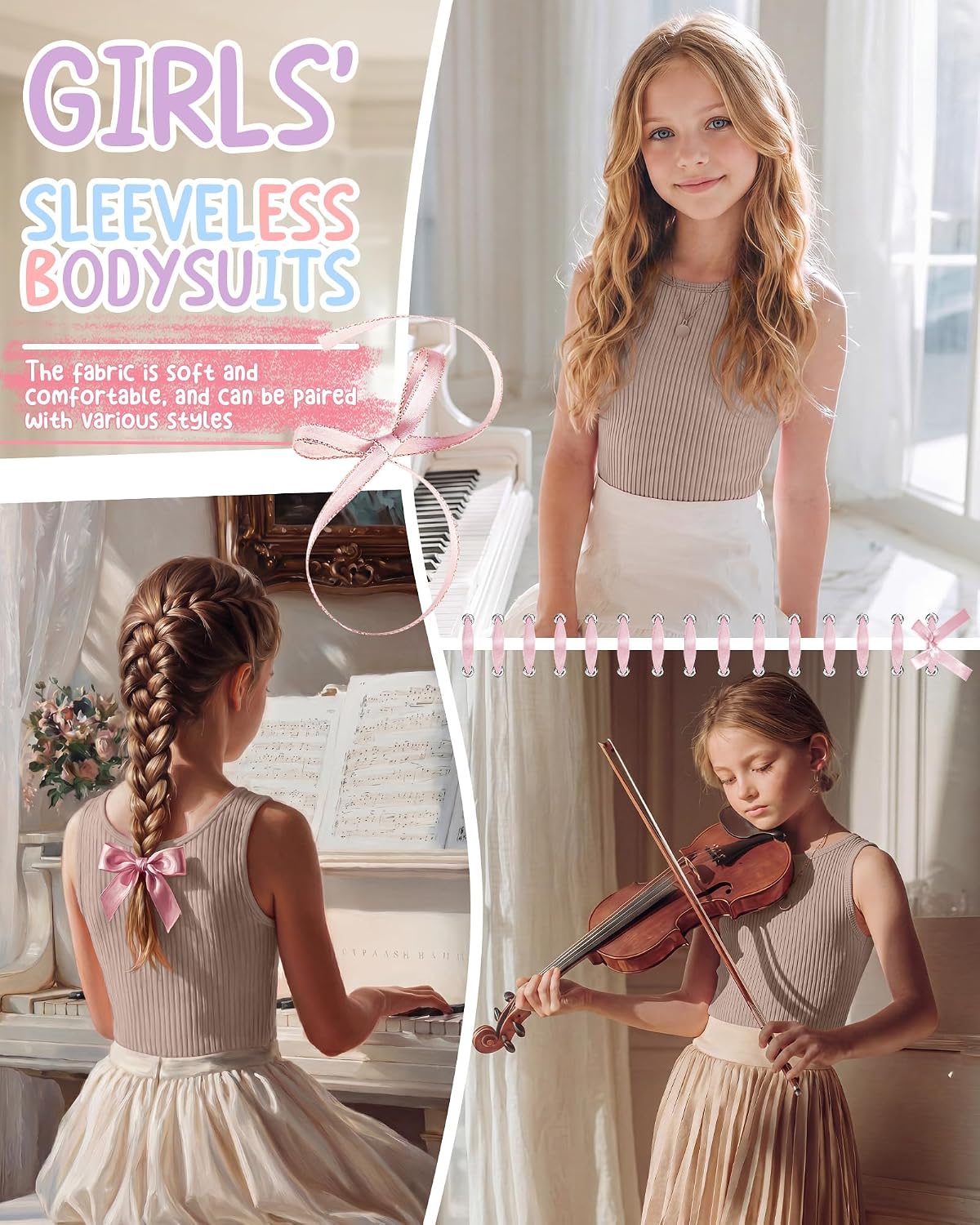 Girls' Ballet Dance Leotards Sleeveless Cotton Ribbed Knit Bodysuits Seamless Gymnastics Tank Leotards Kids Outfits(8-10 Years,Beige)
