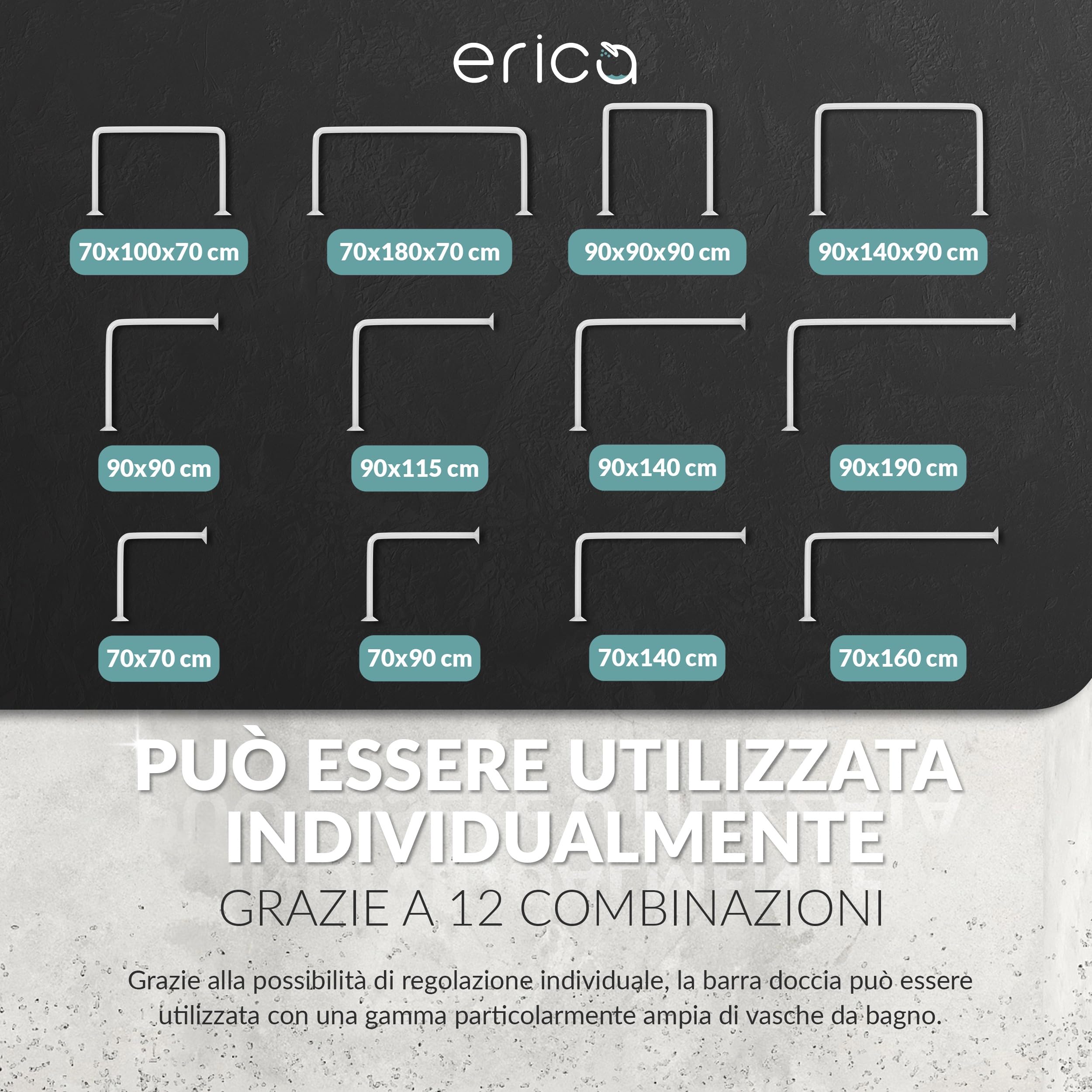 Erica Asta Tenda Doccia 12 Combinazioni, Bastone per Tenda Doccia Angolare e a U, Tubo Tenda Doccia, Supporto Tenda Doccia con Supporto Soffitto, Rivestimento in Plastica Senza PVC, 100% acciaio inox