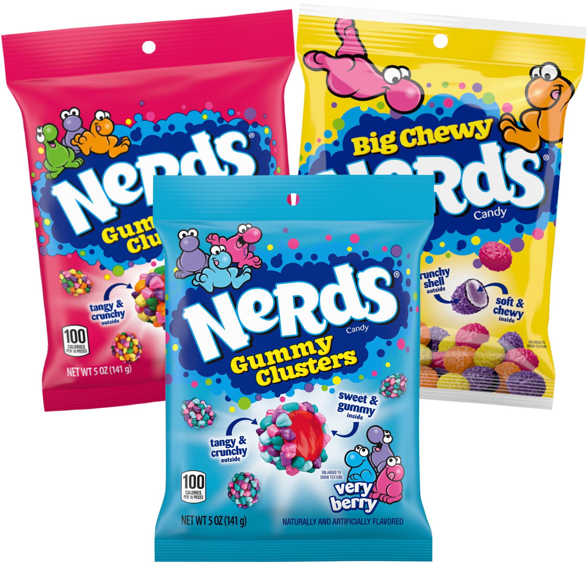 Needzo Nerds Ultimate Chewy Candy Gift Set with Clusters, Sour, and Regular Big Chewys, Assorted Fruit Flavored Candies for Gifts and Basket Stuffers, Pack of 3