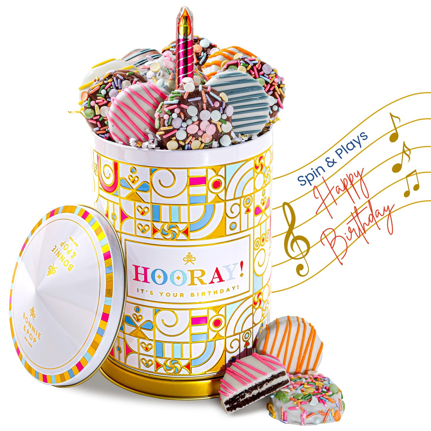 BONNIE AND POP - Birthday Gift Basket | Birthday Cookies, Chocolate Covered Oreos | Tin Spins, Plays Music Happy Birthday | Bonnie and Pop