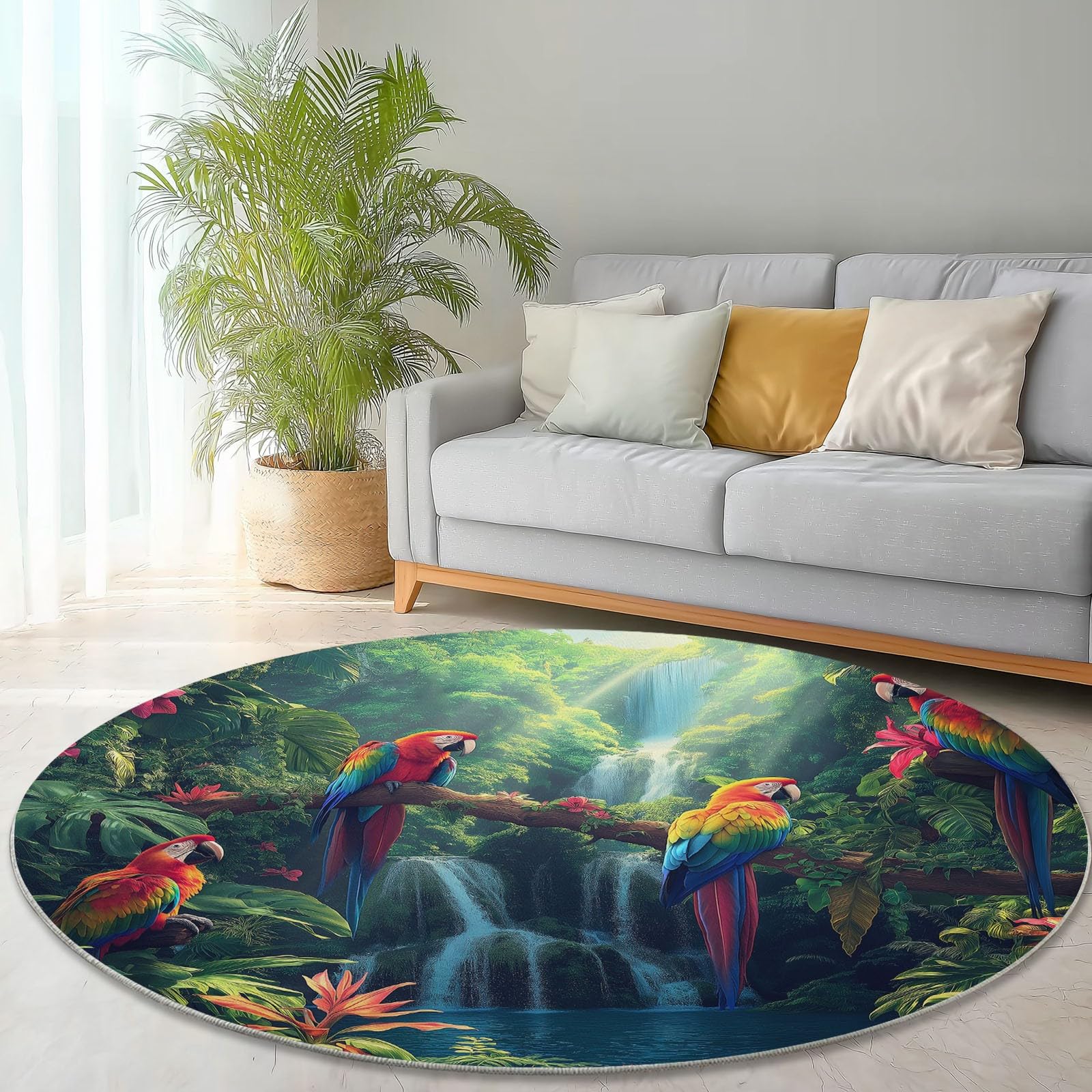 Generisch Teppiche für Wohnzimmer Rund, Natur Dschungel Vögel Drucken Teppich Schlafzimmer Groß Flanell Flauschig Weich rutschfest Fußmatte Waschbar für Kinderzimmer, Durchmesser 120 cm, Grün