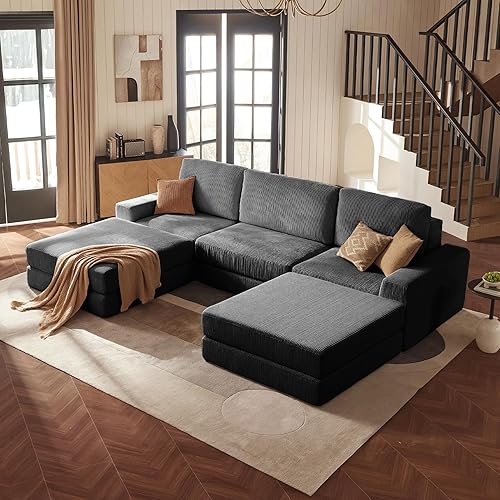 Miniatura 11 de Sofá seccional Cloud, sofá cama sin huesos extragrande con asiento profundo, sofá modular de terciopelo cómodo Cloud con otomano, sofás seccionales