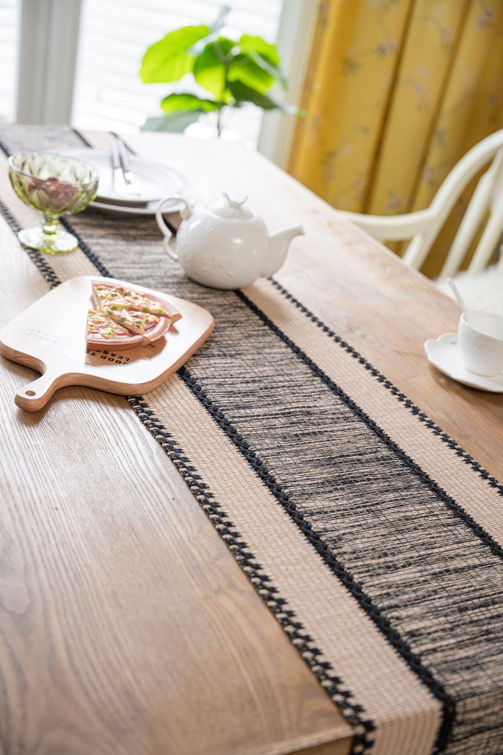 Beige Schwarz Tischläufer Baumwolle Leinen, Makramee Boho Tischläufer Esstisch Abwaschbar Gewebter Gestreift mit Quasten Tischdecke für Küche Esstisch Dekor, 35x450 cm, Beige Schwarz
