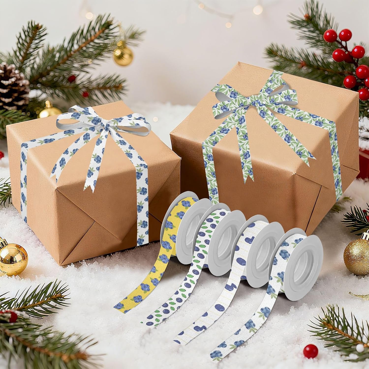 Ribbon for Gift Wrapping Blueberries Leaves White Pattern Fabric Ribbon 1/2" 25 Yards, Gift Wrap Ribbons Thick for Wedding Party Bouquet Xmas Tree Decoration