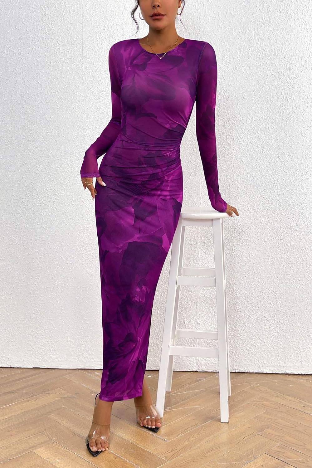 PRETTYGARDEN Women's Bodycon Maxi Dress Fall Spring Fashion Long Sleeve Floral Print Tight Fitted Party Club Ruched Dresses - Image 3