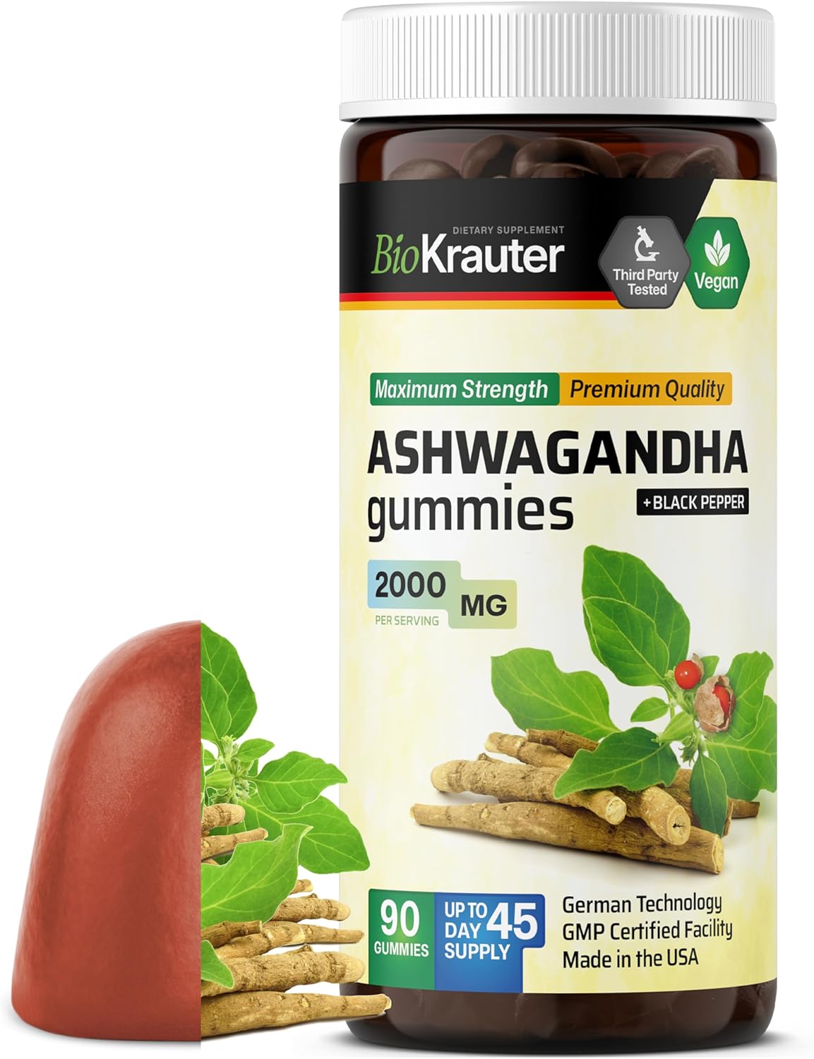 BIO KRAUTER Ashwagandha Gummies for Women & Men – 2000 mg Strength – 90 Chews for Mood Support – Chewable Ashwagandha Supplements – Vegan – Mango Flavor