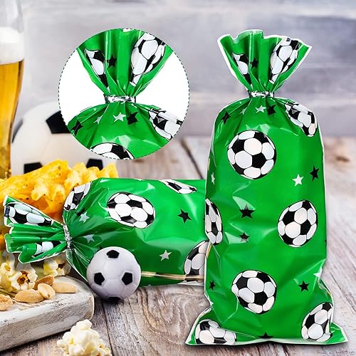 Miniatura 3 de Blulu 100 bolsas de regalo de fútbol, celofán de fútbol, regalos de fiesta de celofán con calor sellables con 100 lazos plateados (verde)