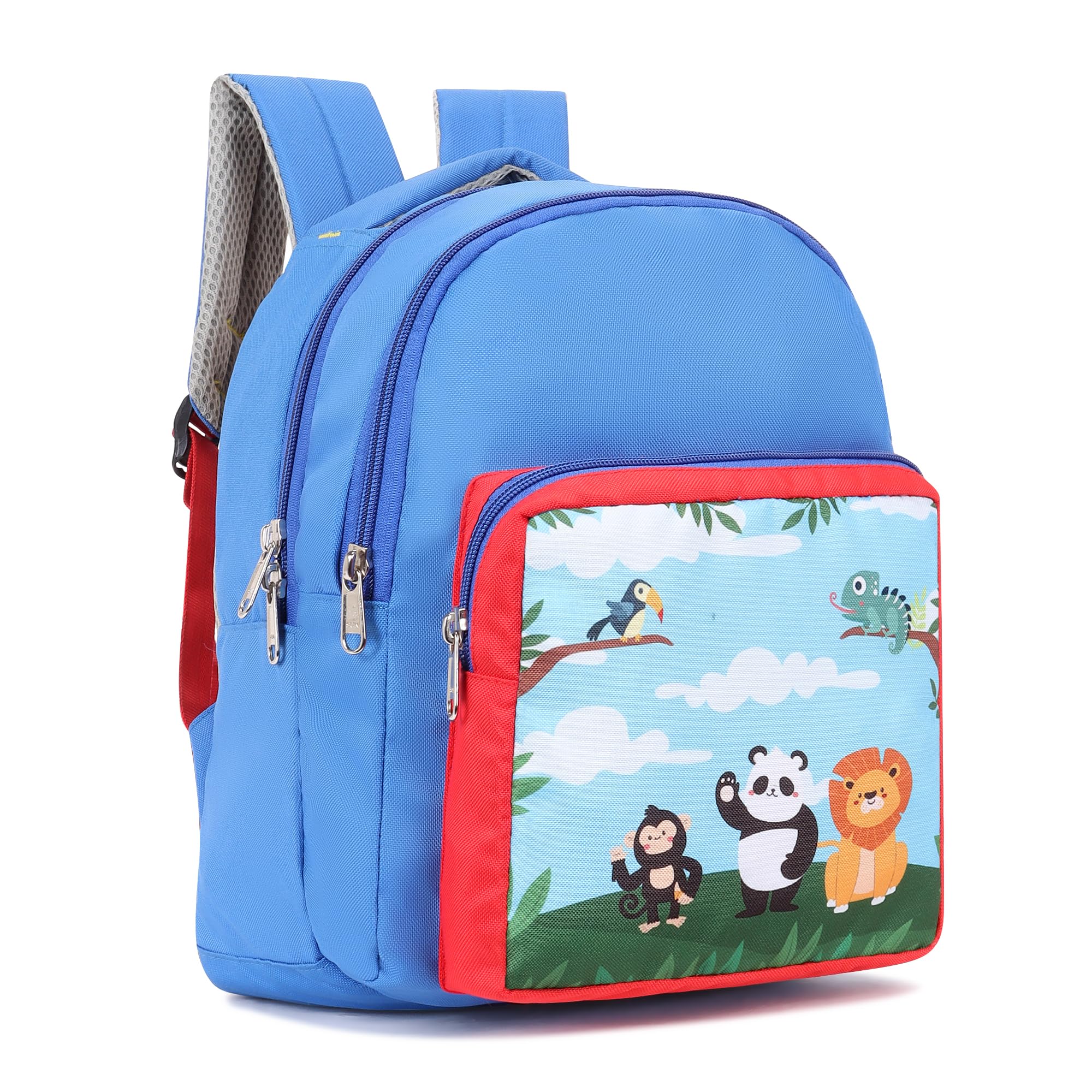 Play School Bag for Kids (Ages 2-5) Lightweight Preschool Backpack with 3D Jungle Theme | Ergonomic Padded Straps & Water-Resistant Material | Bag for Nursery & Kindergarten (Blue/Red)-image-7