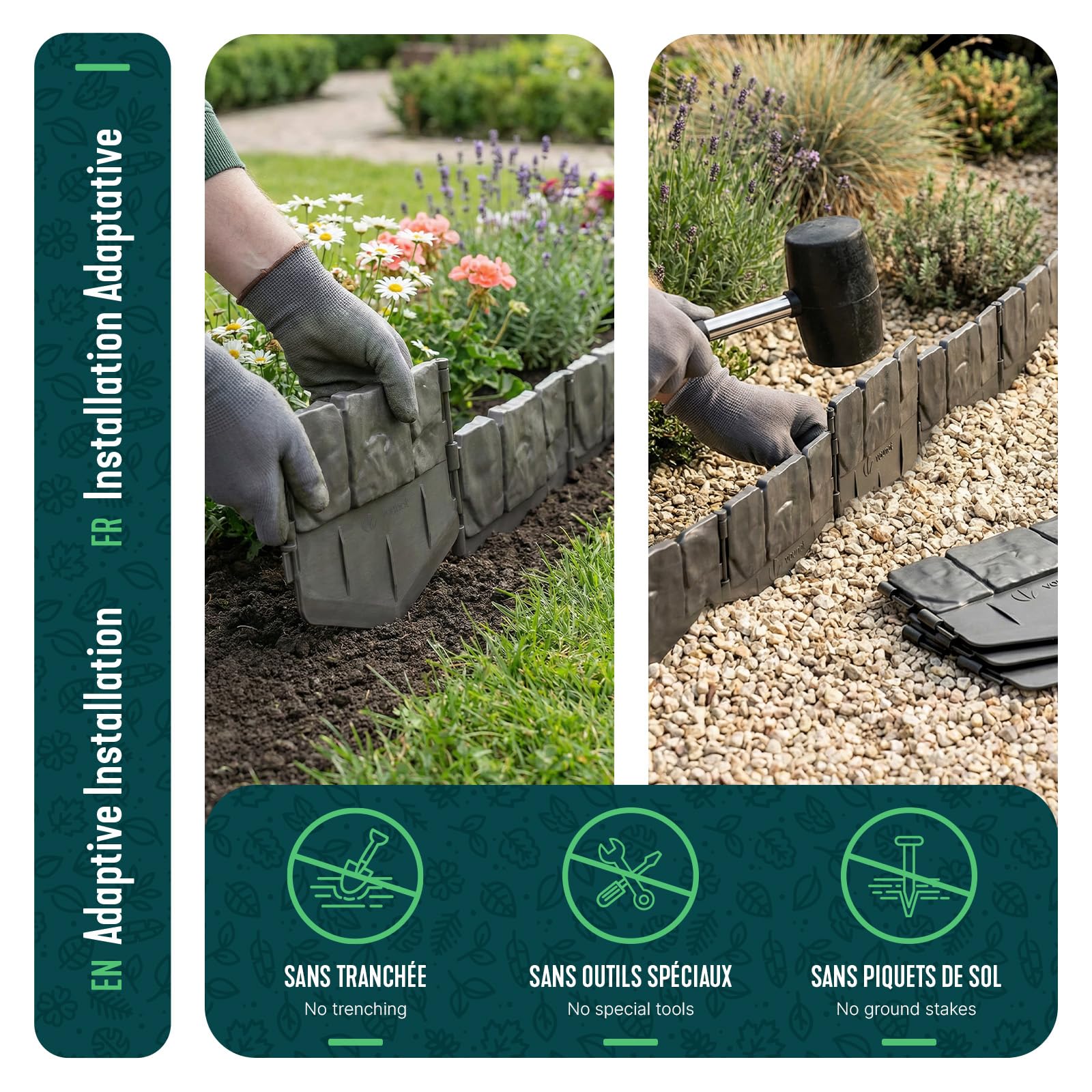 VOUNOT® Bordura per Aiuola Effetto Pietra 10,7m in Plastica Ultra Resistente, Senza Scavo, Bordo Giardino Decorativa Facile da Installare, per Vialetti, Aiuole e Prati, Set da 70 Pezzi, Grigio