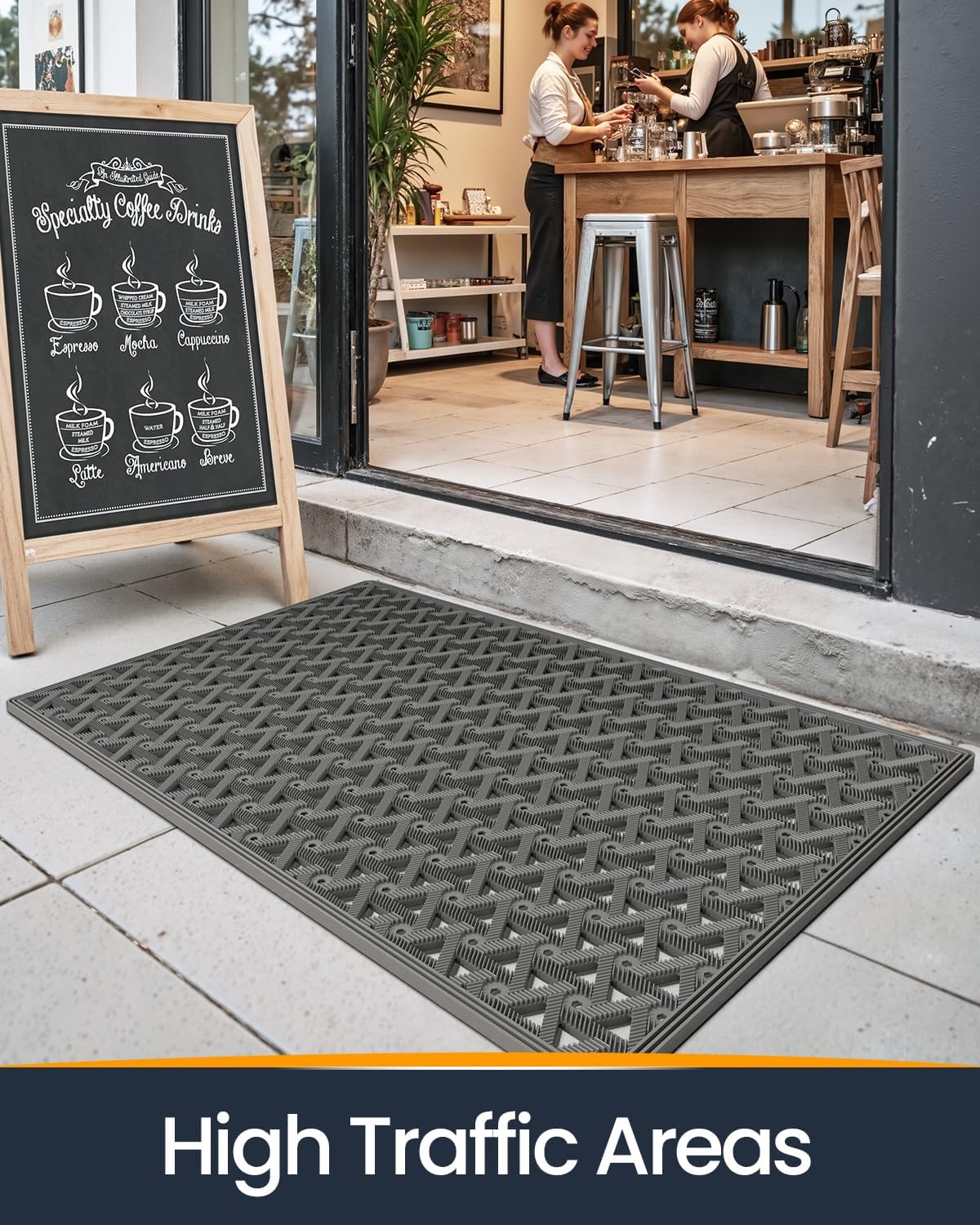 Front Door Mat Outside Entrance with Drainage, 24x36 Rubber Non Slip Dirt Trap Outdoor Doormat, Heavy Duty Waterproof Entry Mat for Entryway Patio, All Grey