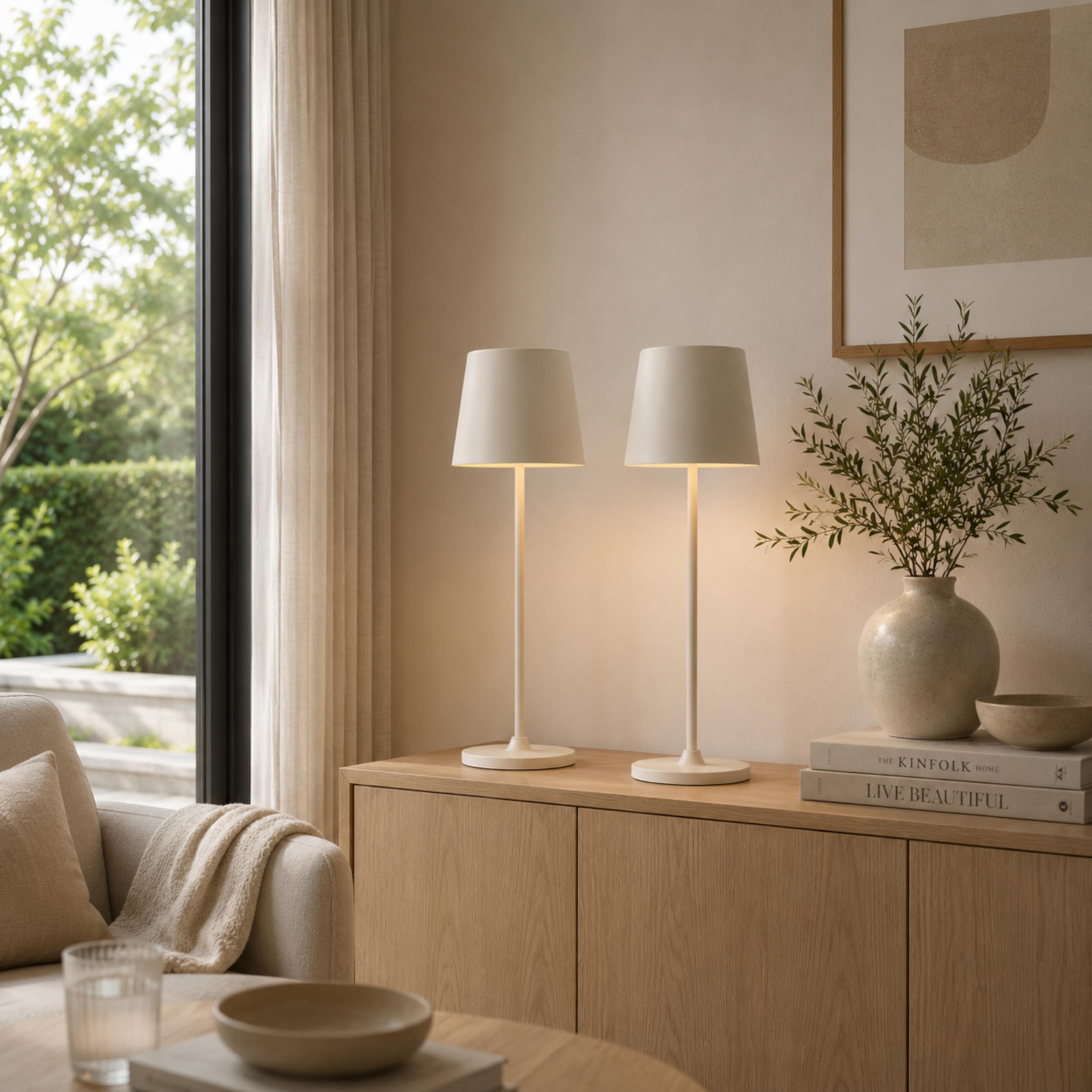 Lightbox - Juego de 2 lámparas de mesa LED para interior y exterior (37 cm, 23 cm, diámetro de 10 cm, luces de mesa para exteriores beige con atenuador táctil | móvil/inalámbrico/portátil |