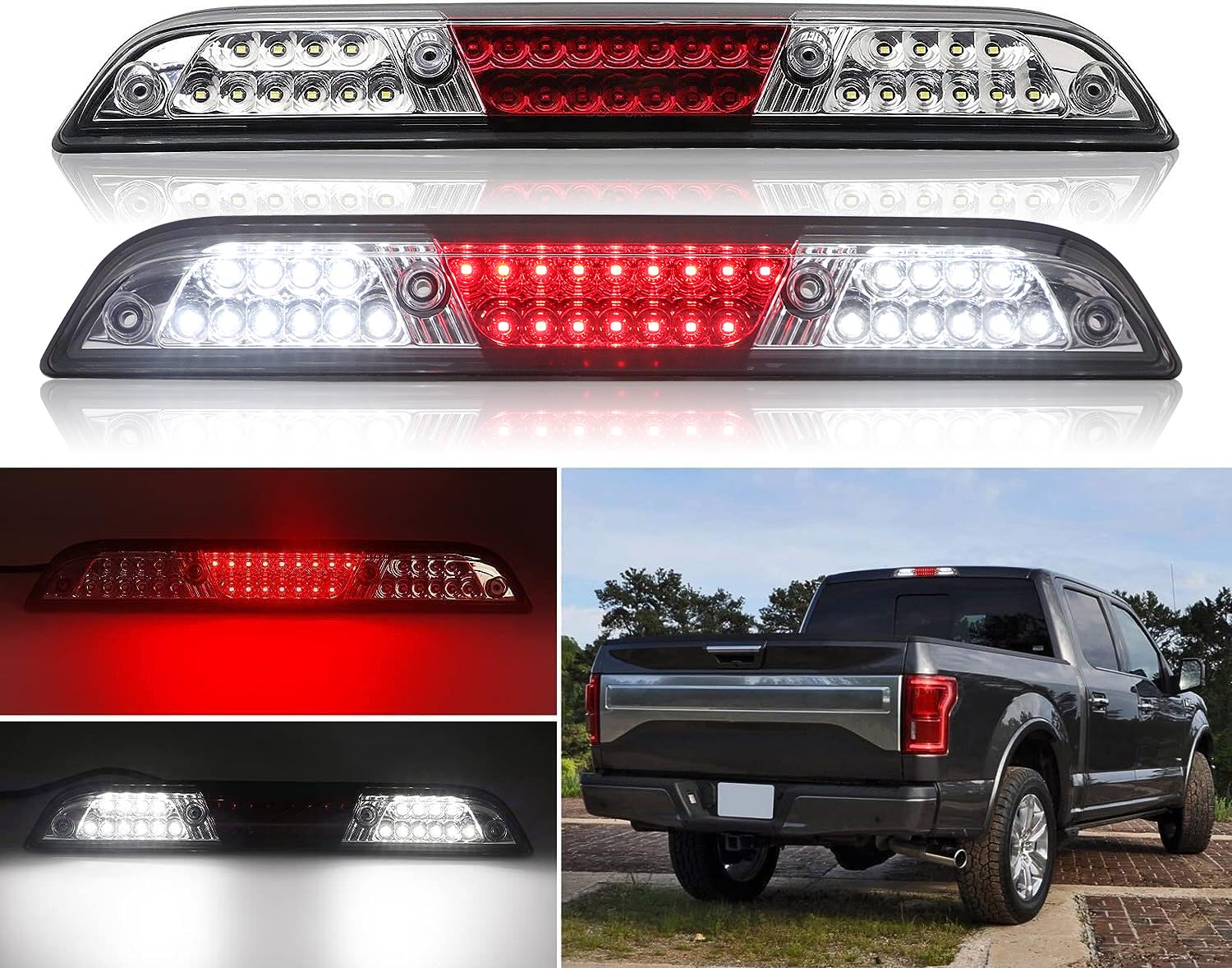 Clear+Red Lens LED 3rd Third Brake Light Replacement for 2015-2020 F150, 2017-2022 F250 F350 F450, 2019-2021 Ranger, 2021 Maverick, Center High Mounted Stop Lamp with Sealing Gasket, Ventilation Holes