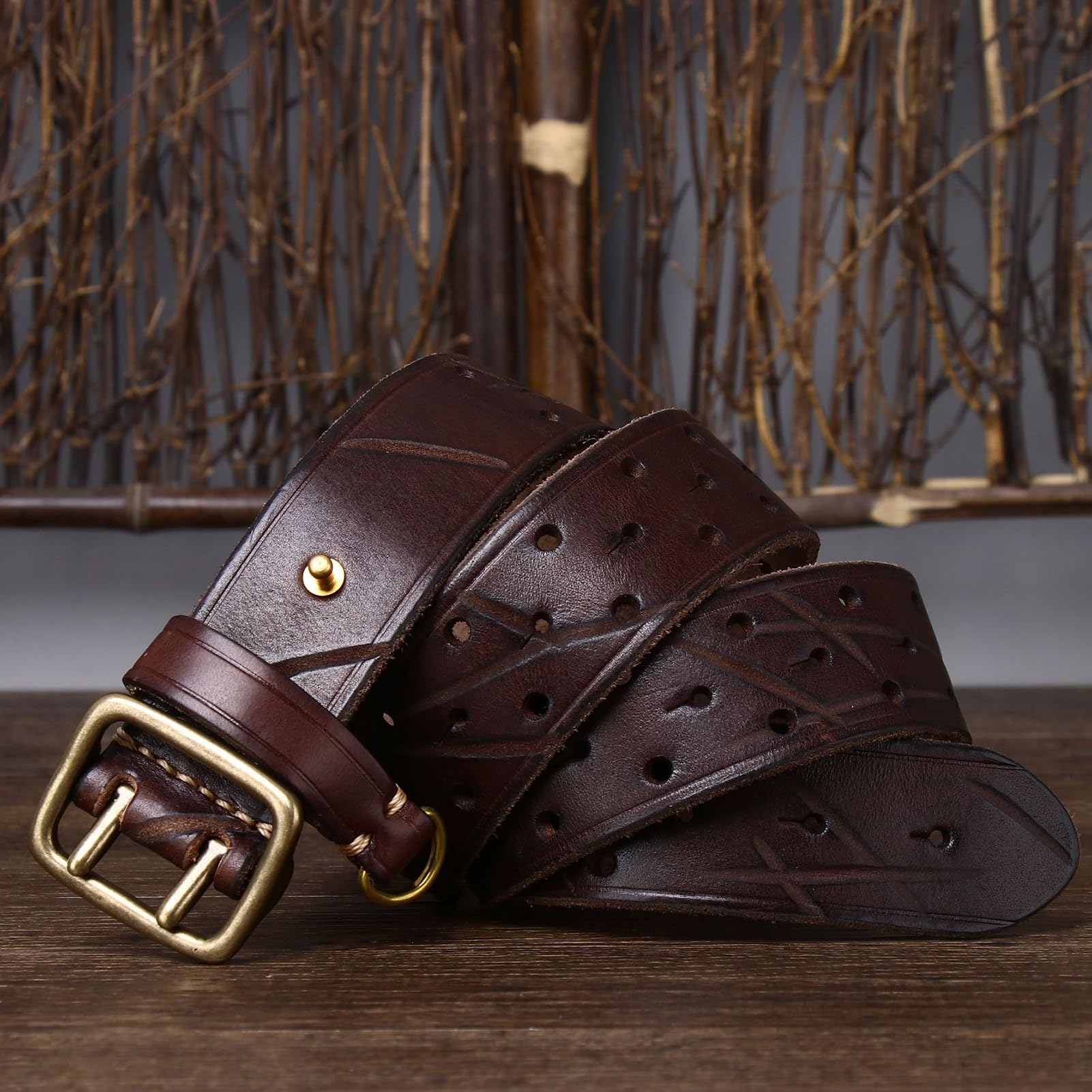 Doppel Prong Ledergürtel, Zwei Zinken Schnalle, Arbeit Oder Casual Heavy Duty 3 Ösen Löcher Gürtel Für Herren Damen Unisex(105cm/waist:35", Coffee)