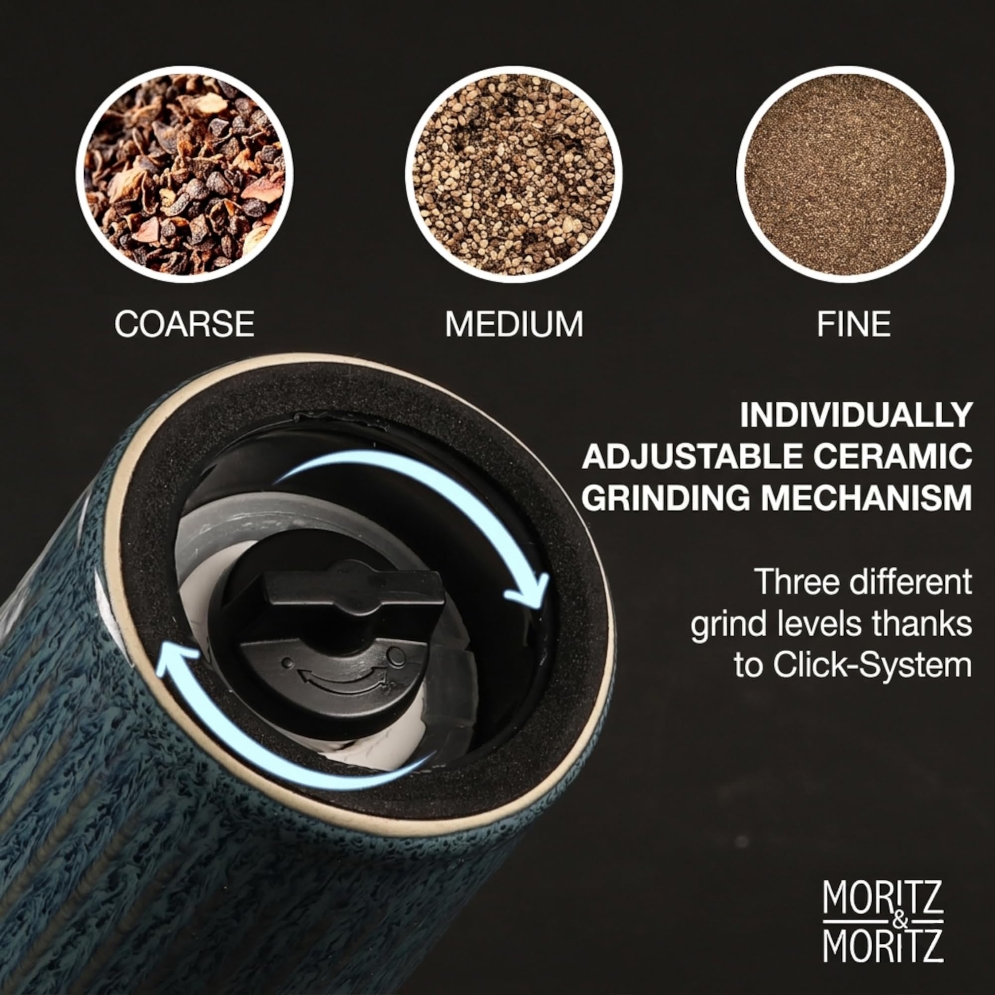 Moritz & Moritz PEPE Juego de Molinillos Sal y Pimienta (2 uds Azul/Verde) – Molinillo Especias Cerámica, Piedra y Madera de Acacia, Ajuste Grueso/Fino