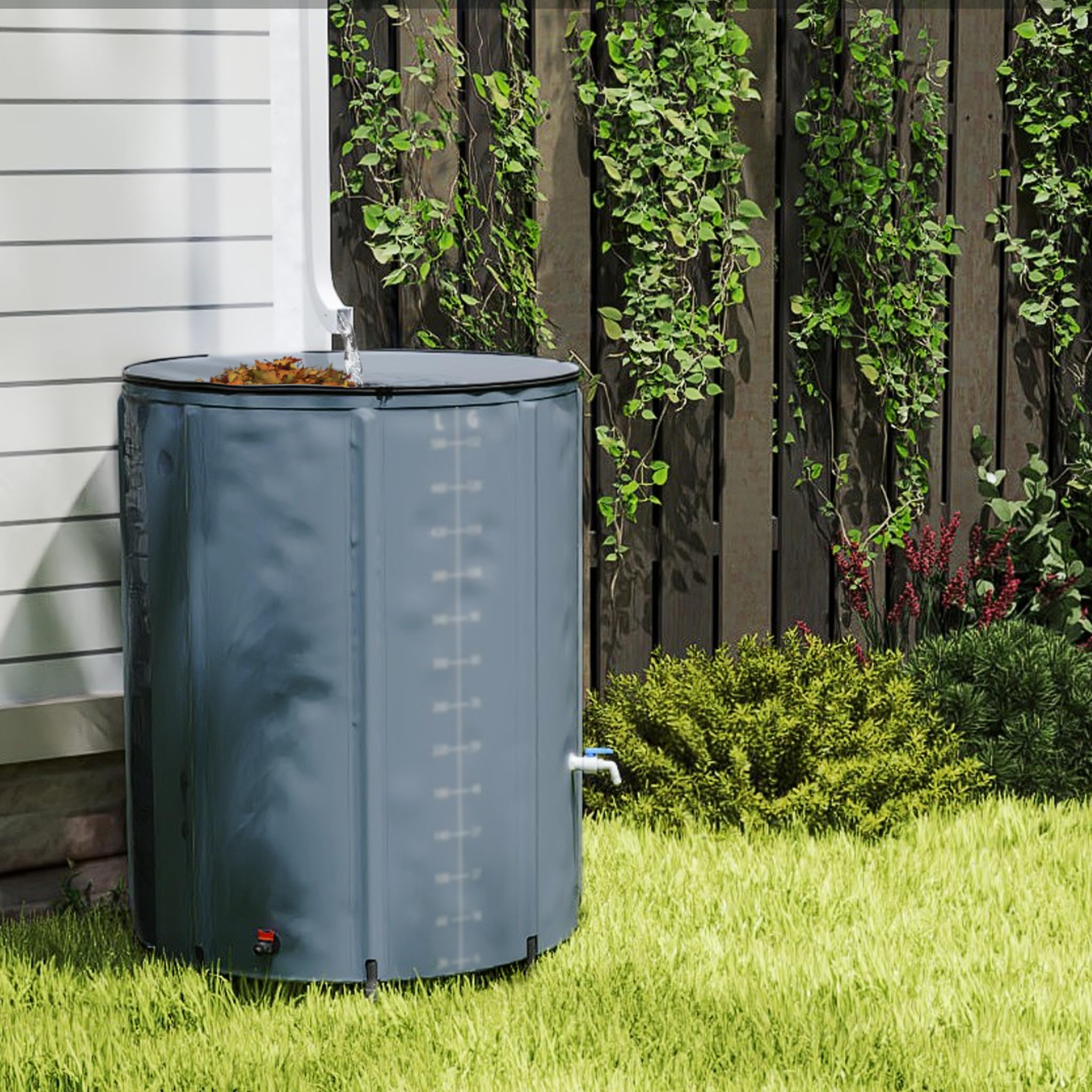 Faltbare Regentonne 200L, Regenwassertank mit Deckel & Wasserhahn, Regenfass Garten wasserdicht, UV-beständig, PVC Regenwasserbehälter für Garten, Balkon & Camping, Dunkelgrau