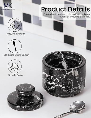 Miniatura 5 de Bodega de sal de mármol con tapa y cuchara de 3 pulgadas, caja de sal escamosa negra para almacenamiento de encimera de cocina, juego pequeño y