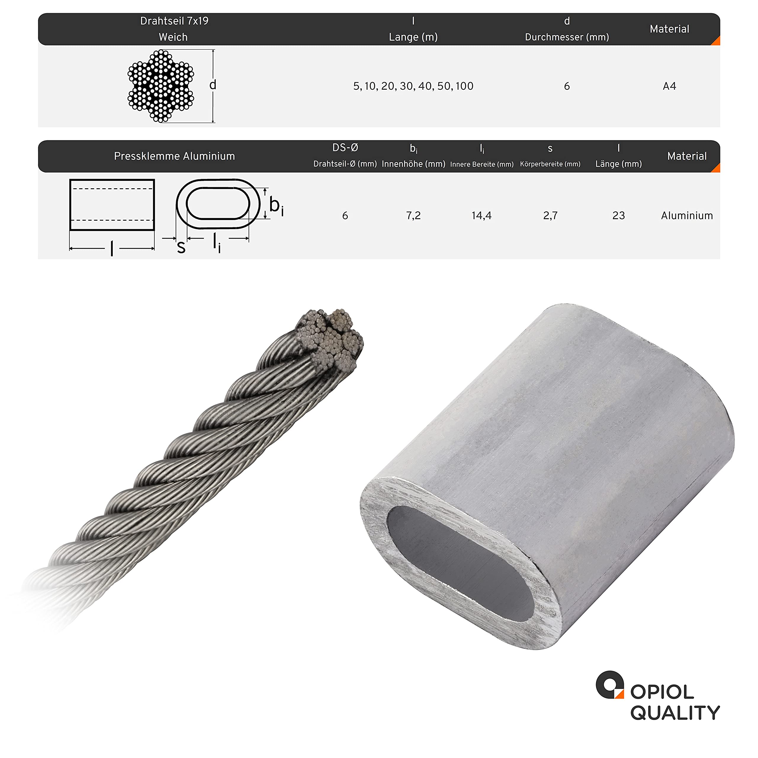 20m Drahtseil weich 7x19 6mm, 10x Pressklemme Aluminium 6mm Edelstahl A4 Set Drahtseil Seil Kabel Seilklemmen Seil Kasuchen Klemme Rankhilfe Sonnensegel
