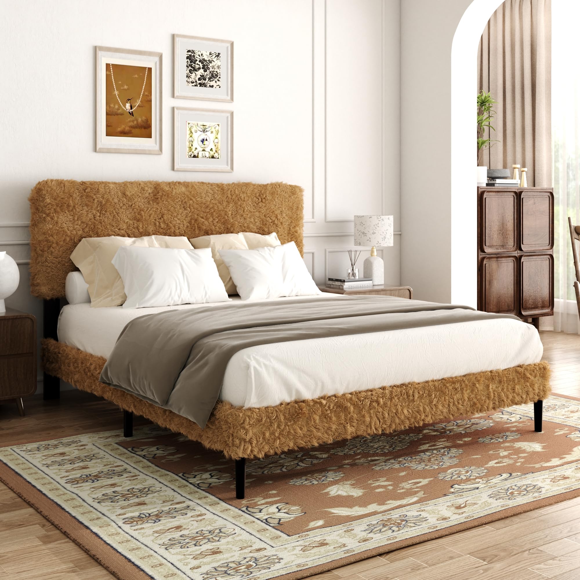 Photo 1 of HAOARA Queen Size Flannel Platform Bed Frame with Adjustable Headboard, Anti-Collision Soft Rounded Corners, No Box Spring Needed, Easy Assembly, Noise-Free, Brown