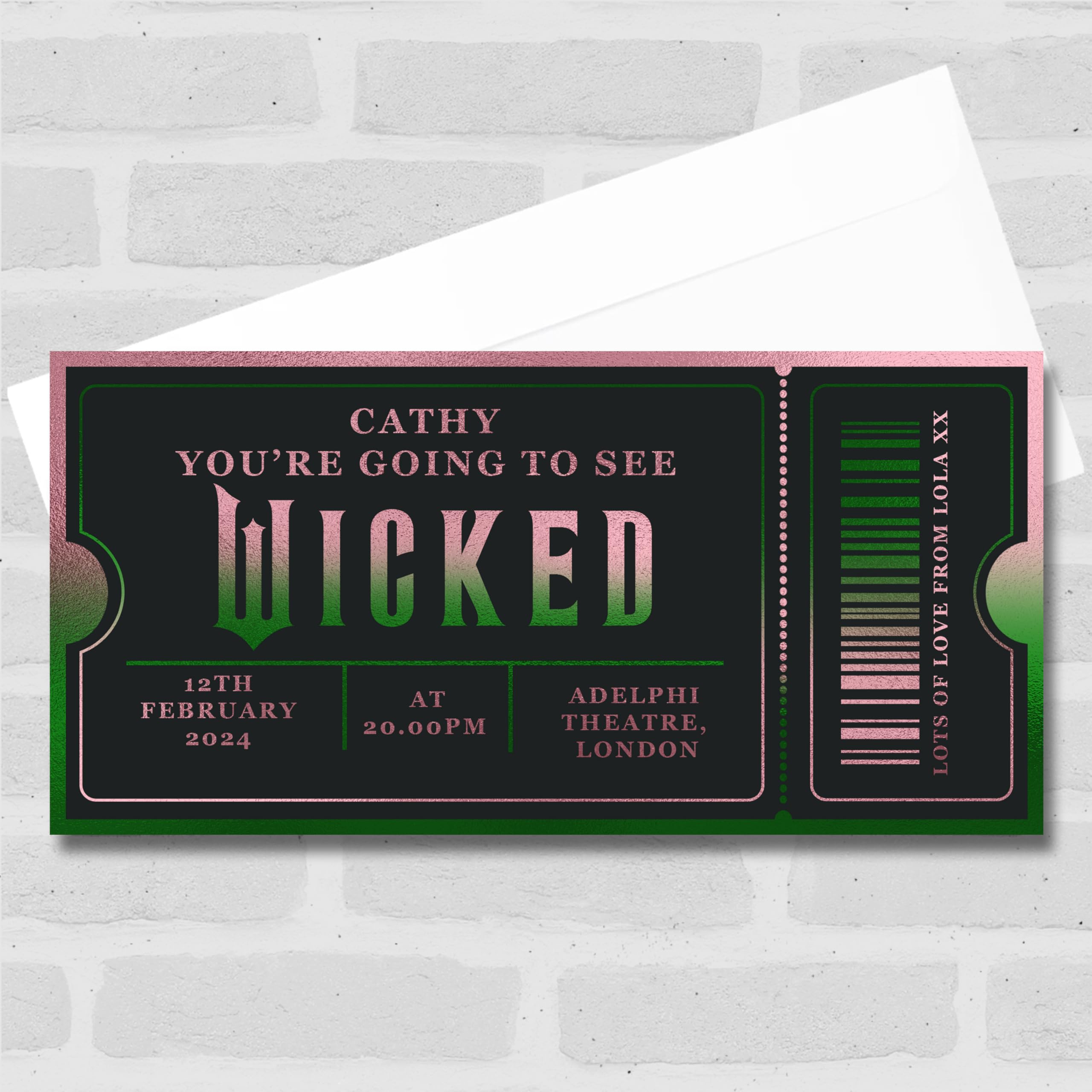 Greeting Card - Wicked Musical Show Theatre Personalised Surprise Ticket Gift Voucher | Custom Greeting Card | Personalised | Custom