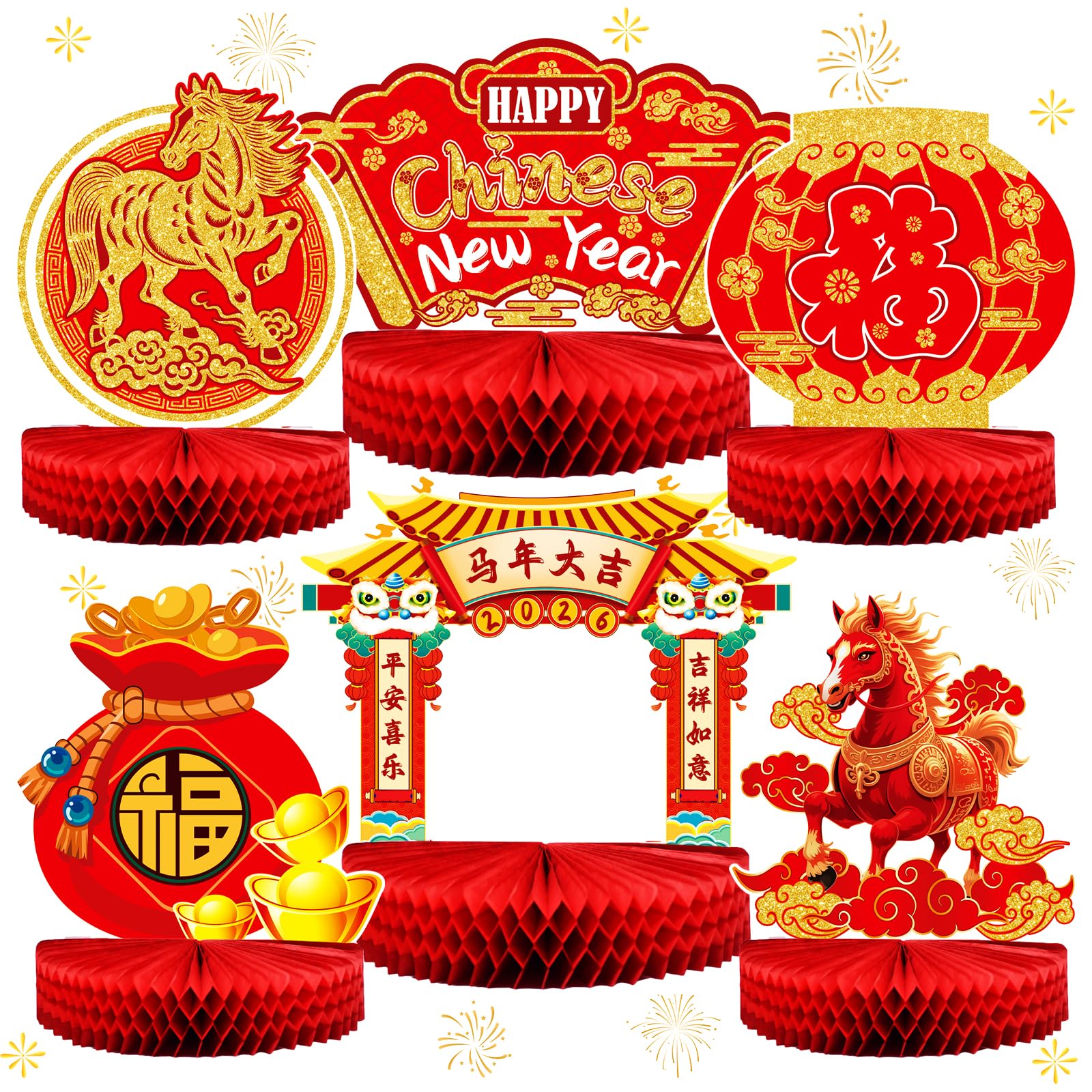 6 Pcs Chinese New Year Honeycomb Centerpieces – Red & Gold Table Topper Decorations, 2026 Year of the Horse Ornaments Signs, Lunar New Year Party