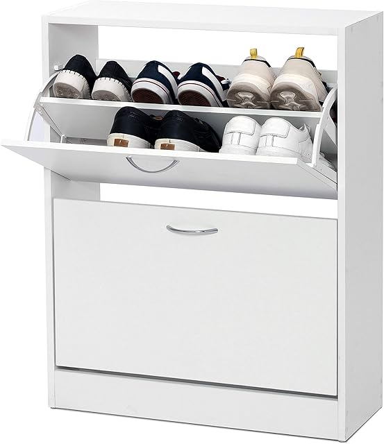 Meerveil 2 Drawer Shoe Cabinet,wooden Shoe Cupboard,2 Tier Shoe Storage Cabinet, Modern Shoe Organizer for Hallway Living Room, 63 x 24 x 81cm(L x W x H), White