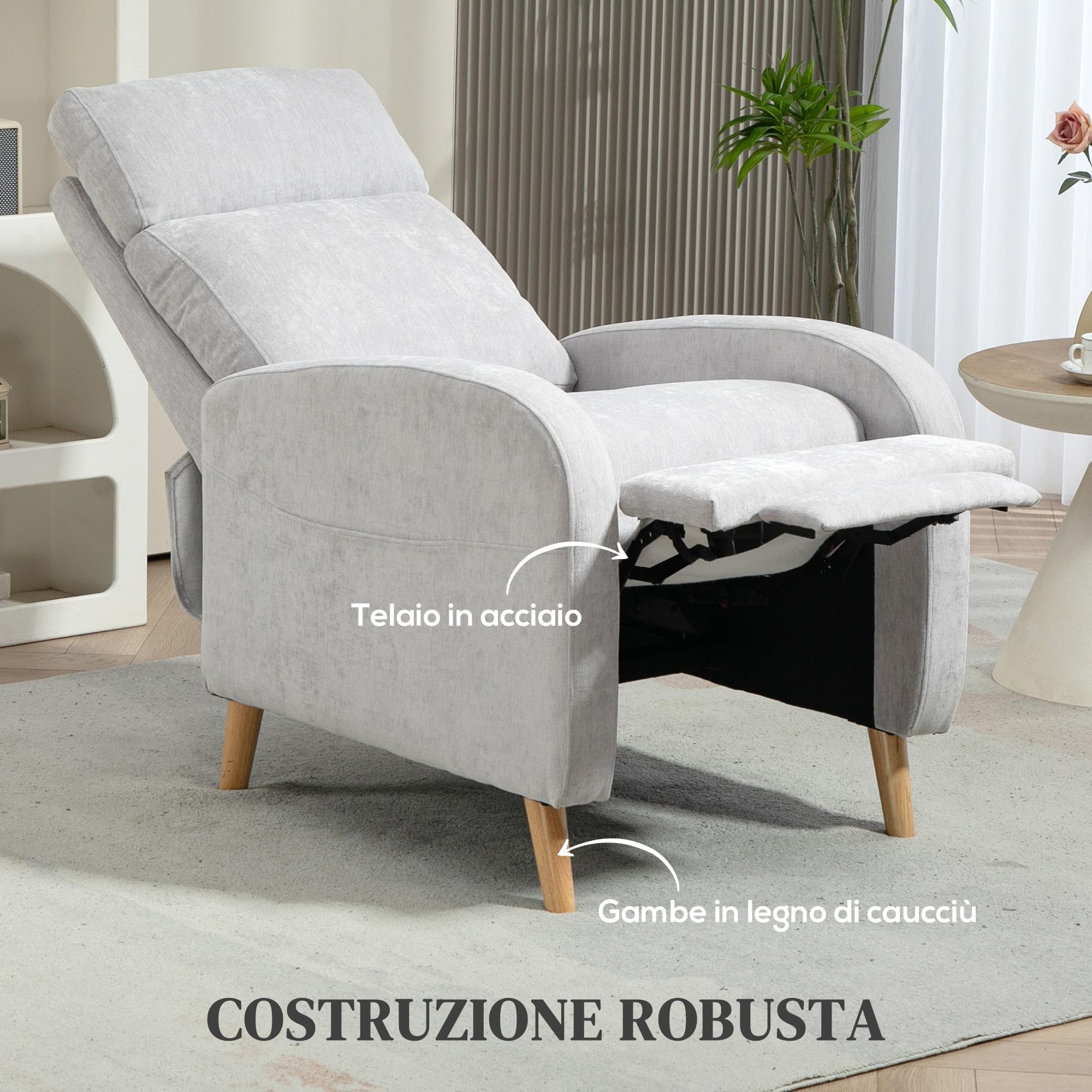 HOMCOM Poltrona Relax Reclinabile Manuale con Poggiapiedi e Braccioli Ricurvi, Poltrona Reclinabile con Gambe in Legno, Tessuto e Acciaio per Camera da Letto, Salotto e Soggiorno, Grigio Chiaro