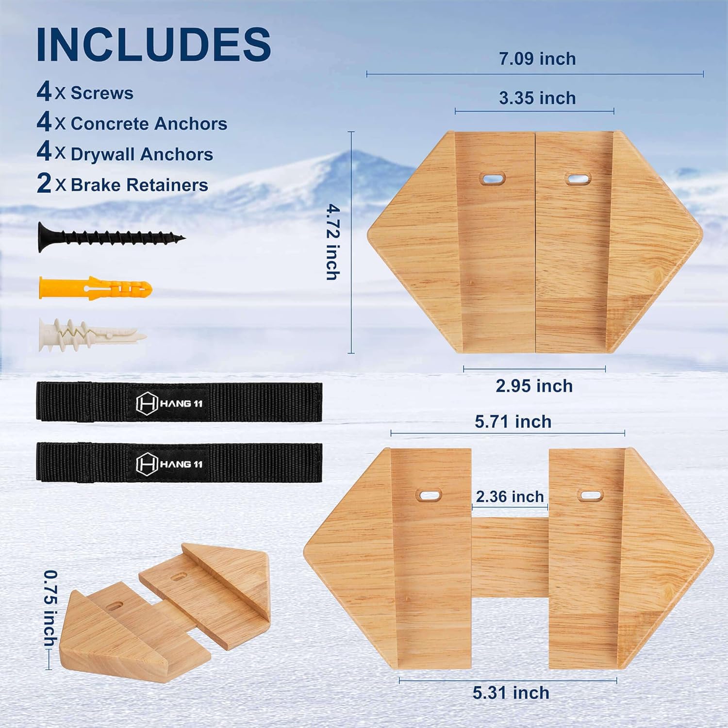 Hang 11 Ski Wall Mount - Ski Hangers for Wall, Display Mount, Minimalist Hardwood Hangers, Decorative Holders to Hang, Vertical Storage Rack for Garage, Showcase your Favorite Pastime