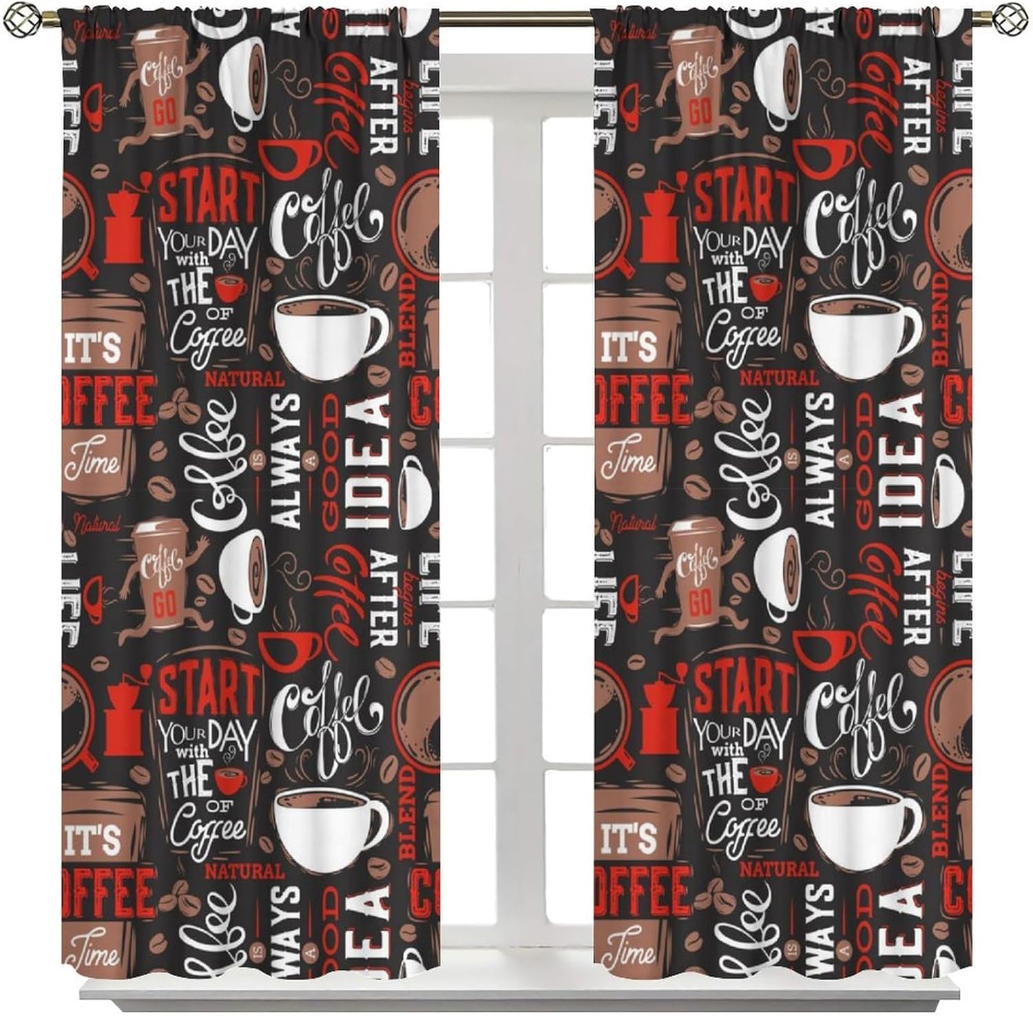 Kitchen Theme Curtains, Abstract Letters Espresso Machine Cupcakes Beans Pattern Blackout Window Treatments, Rod Pocket Thermal Insulated Drapes 2 Panel Sets for Bedroom Living Room, 42" W X 45" L