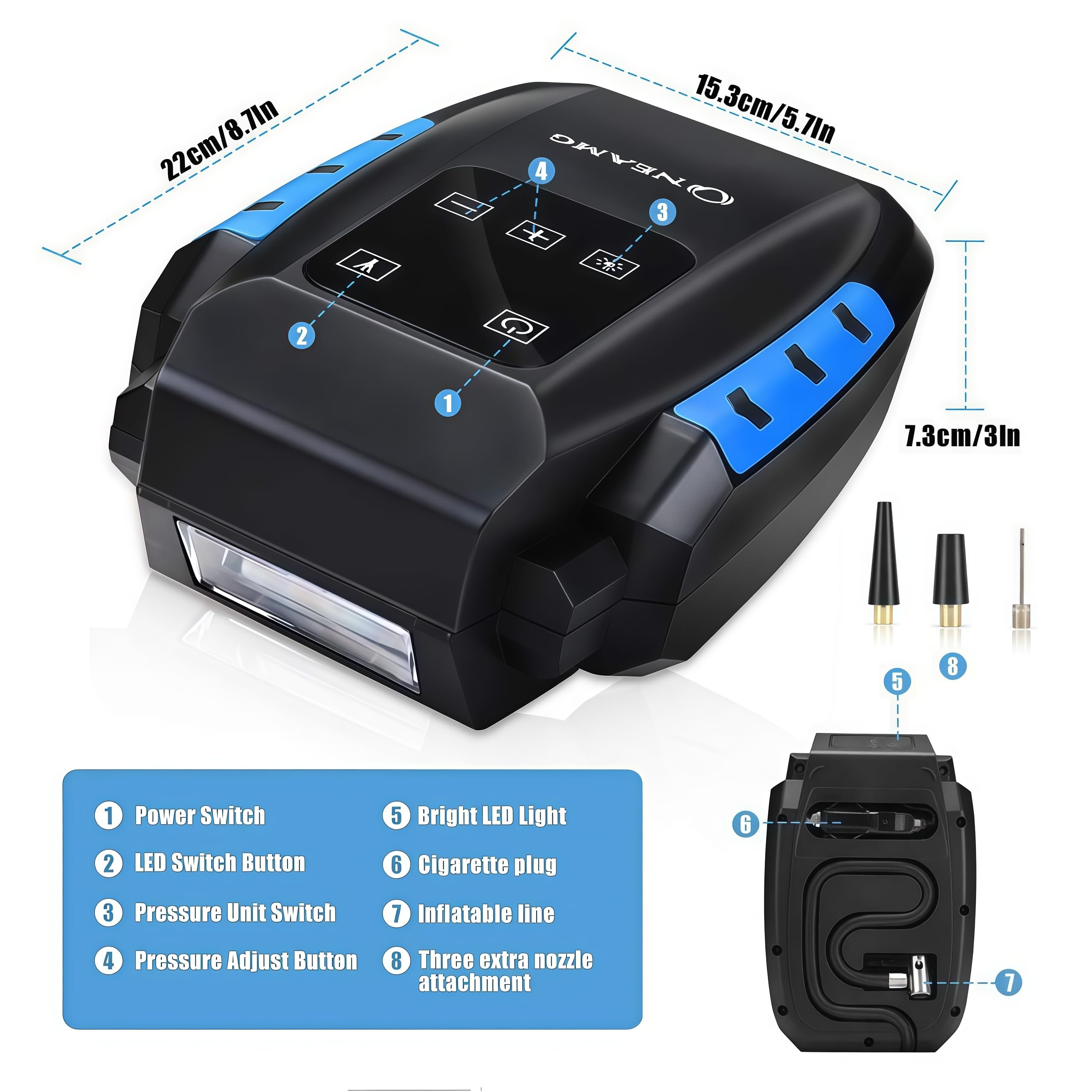 Compresseur à Air Portatif 12V 150W, Gonfleur Pneus Voiture-Bleu | Digital Portable Auto Gonfleur Electrique, Compresseur Air Numérique avec Lampe LED, 3M Câble pour Voiture Vélo