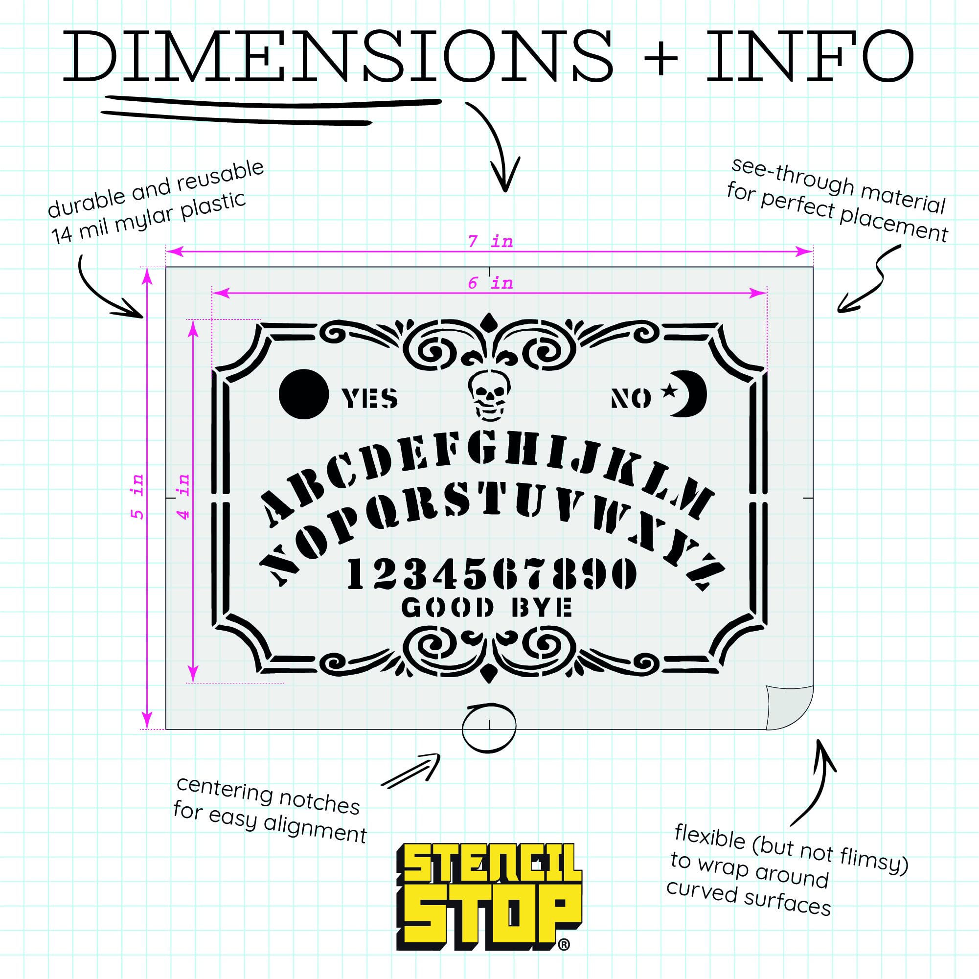 Stencil Stop Ouija - Plantilla de tablero de 6 x 4 pulgadas, plantillas reutilizables para pintar sobre madera, paredes, tela y rocas, plástico mylar duradero de 14 mil para manualidades y proyectos