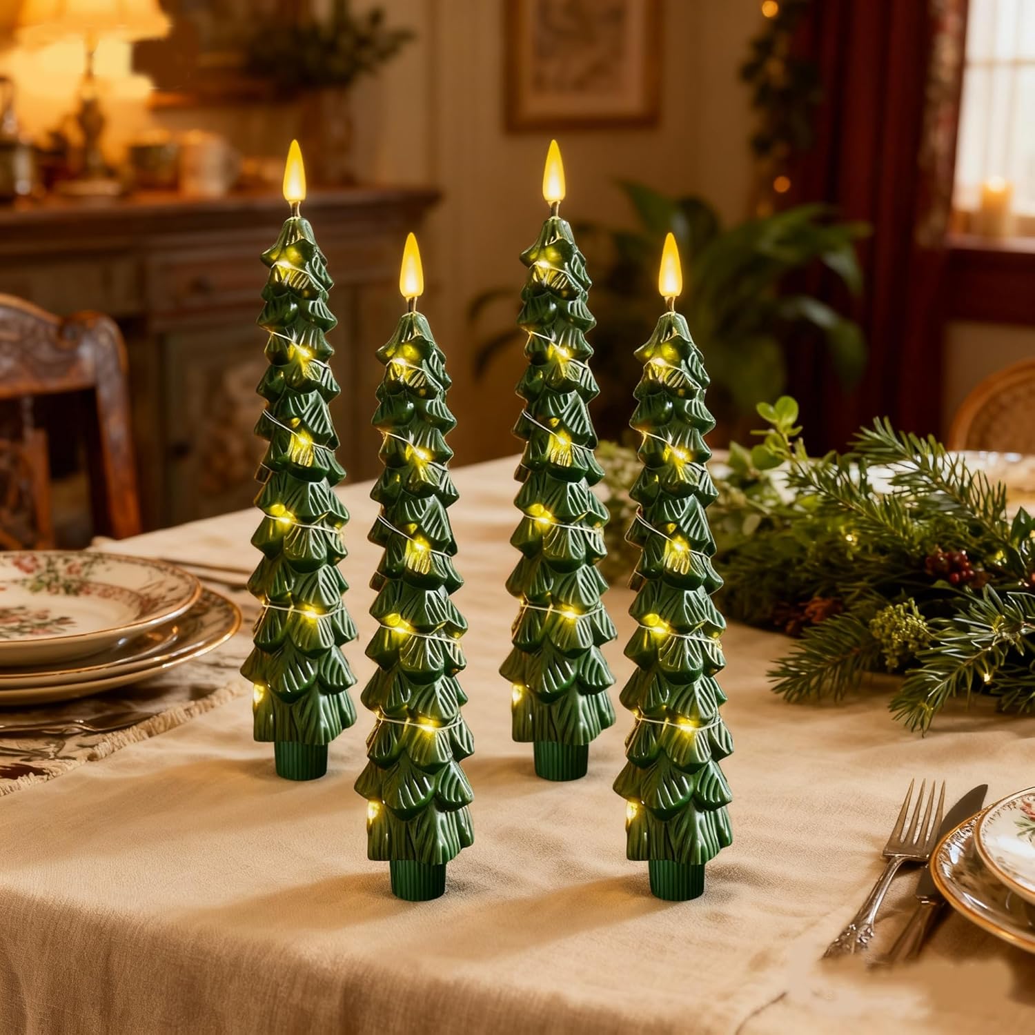4Pcs Christmas Tree Taper Candles, Flameless Christmas Tree Candles with Remote, LED Battery Operated Candle with String Lights, 3D Flickering Candlesticks for Home Dinner Christmas Decorations