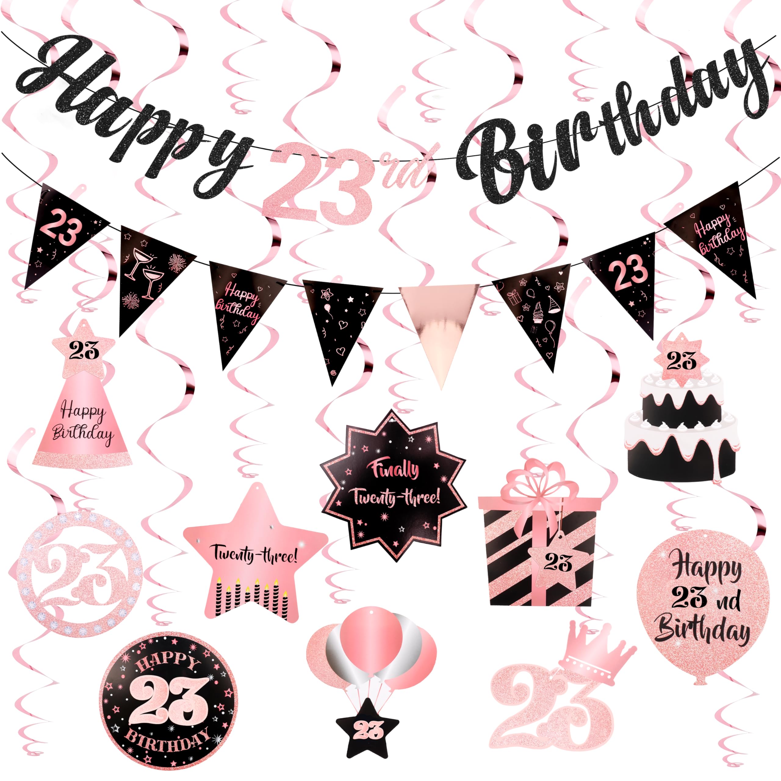 23rd Birthday Decorations for Women Rose Gold Pink Pre Strung Happy 23rd Birthday Banner and Hanging Swirls 23 Year Old Party Decorations Supplies