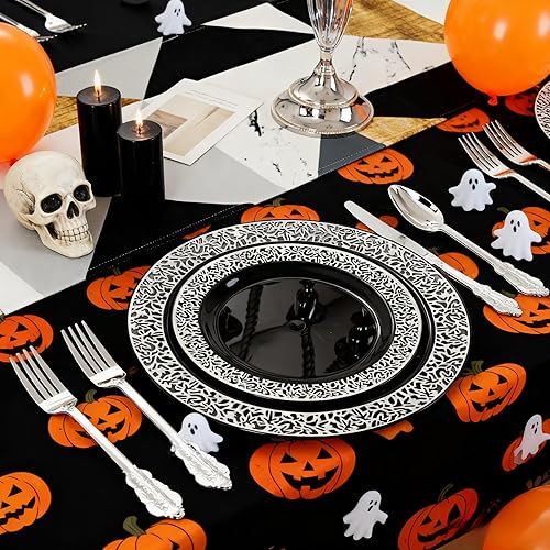 Miniatura 5 de WELLIFE Vajilla de plástico negro de 125 piezas, juego de cubiertos desechables de plástico, incluye 25 platos llanos, 25 platos de postre, 25