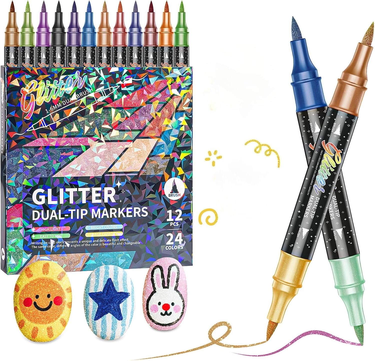 24/48/72/96 Colors Glitter Effect Brush Markers, Glitter Dual-tip Double Colours Shimmer Markers, for Coloring, Journals, Planners, Scrap booking & Card Making (48/96color)