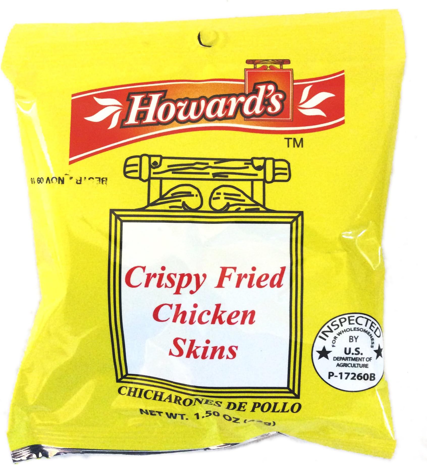 Howard's Crispy Fried Chicken Skins - Chicharrones de Pollo, 1.5oz, Pack of 4