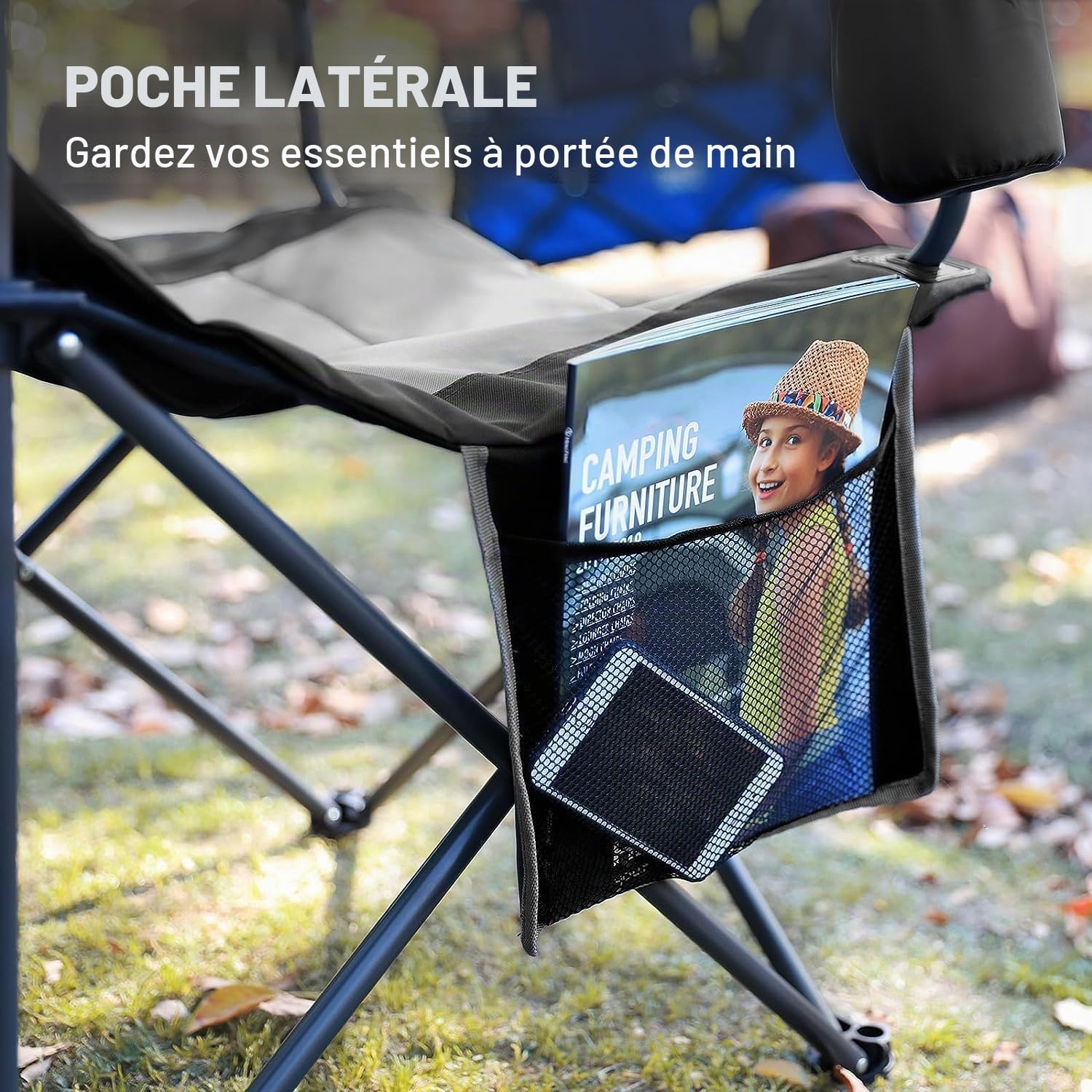 EVER ADVANCED Chaise de Camping Pliante 160KG Capacité de Charge avec Dossier Haut, avec Pochette Latérale et Porte-gobelet, Confortable Chaise Pliante pour Camping, Jardin, Balcon, Pêche, Plage