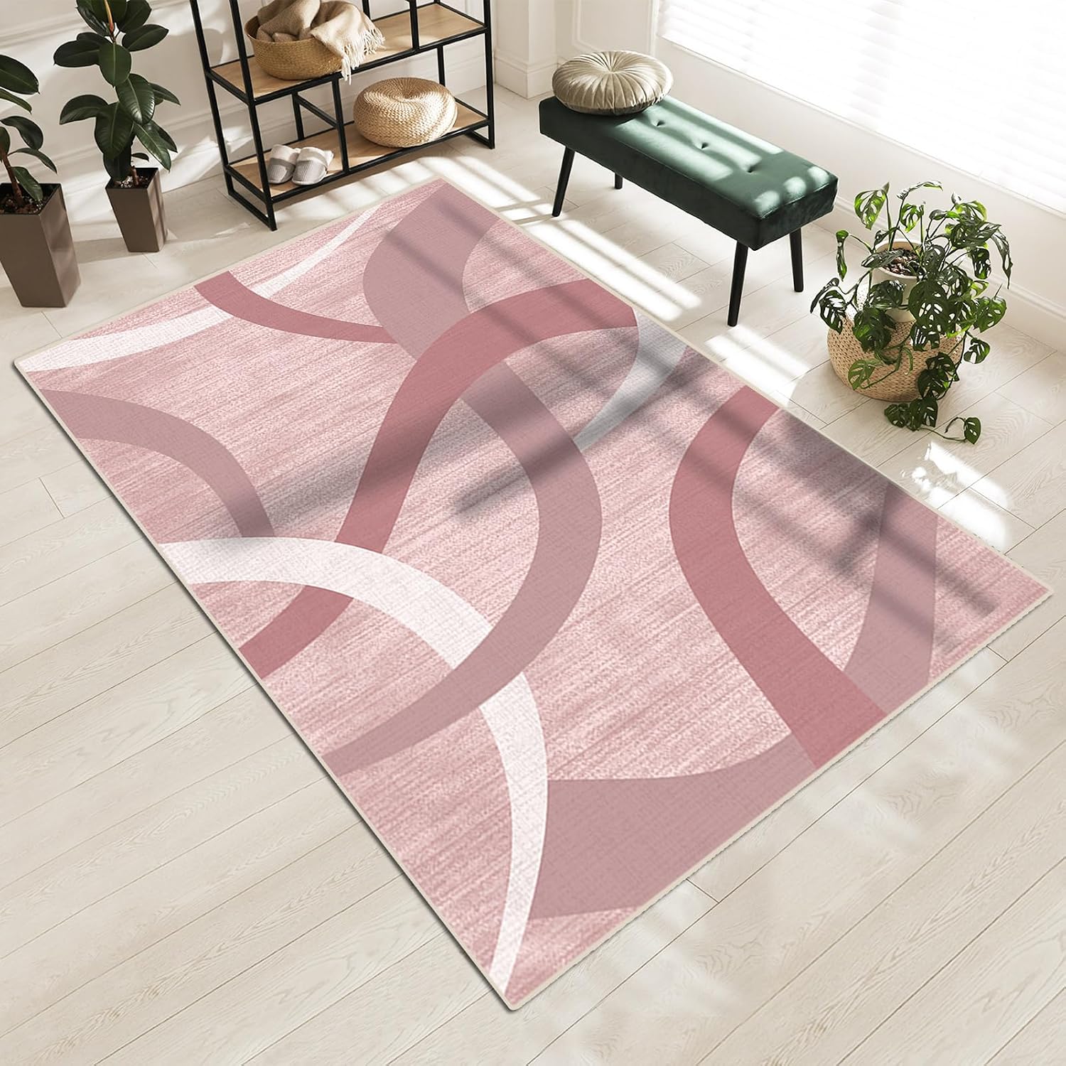 Large 3x5 ft Entryway Rug Indoor,Washable Area Rug for Bedroom Bedside,Non-Slip Low Pile Ultra Soft Rugs for Office,Bathroom,Large Kitchen,Modern Abstract Design Rug,Pink