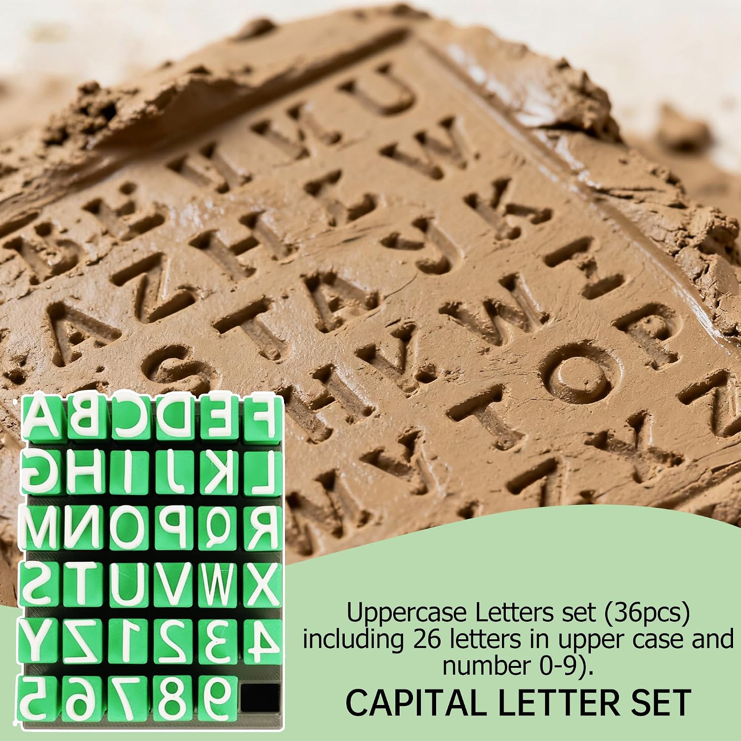 ITSTUVRH Clay Stamps, 36 Pieces Letter Stamps for Clay with Storage Box, Alphabet, Numbers & Symbols DIY Handmade Alphabet Mold Accessories for Ceramic Decorating, Green (Uppercase Letter Plastic)