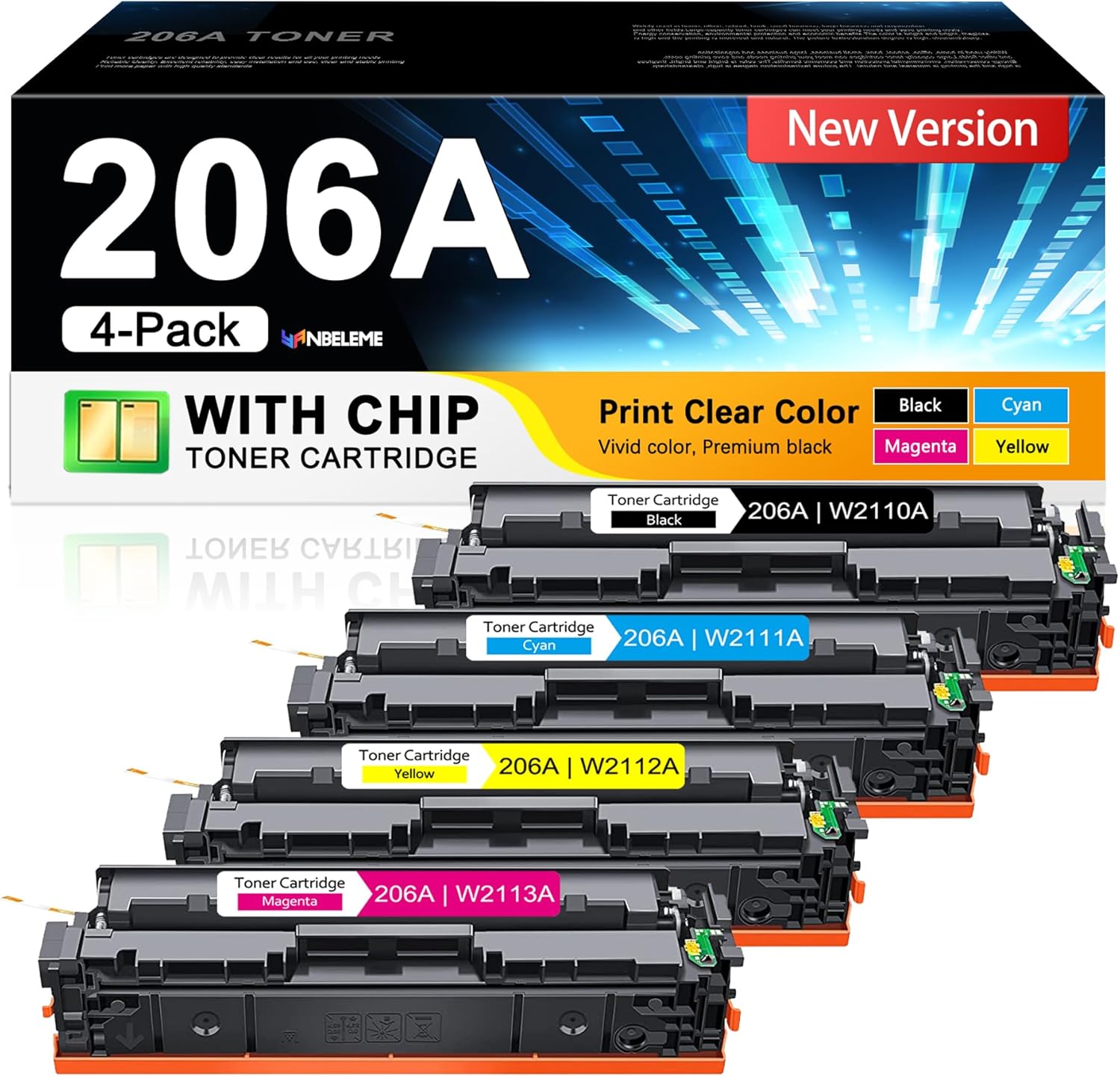 206A Toner Cartridges 4 Pack (with Chip) Replacement for HP 206A Toner Works with Color Laserjet Pro MFP M283fdw M283cdw M255dw, Pro MFP M282 M283 Series Printer | W2110A