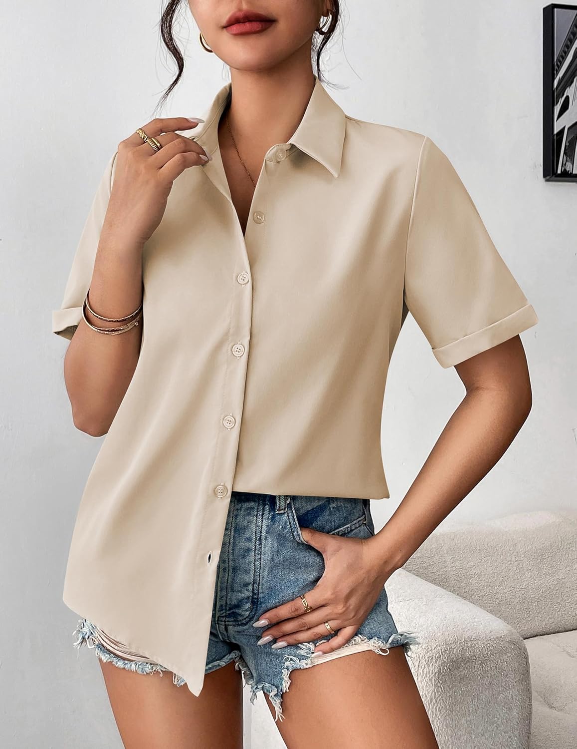 Zeagoo Womens Button Down Blouse Rolled Cuffed Short Sleeve Shirts Casual Work Blouse Summer Hawaiian Outfits - Image 2