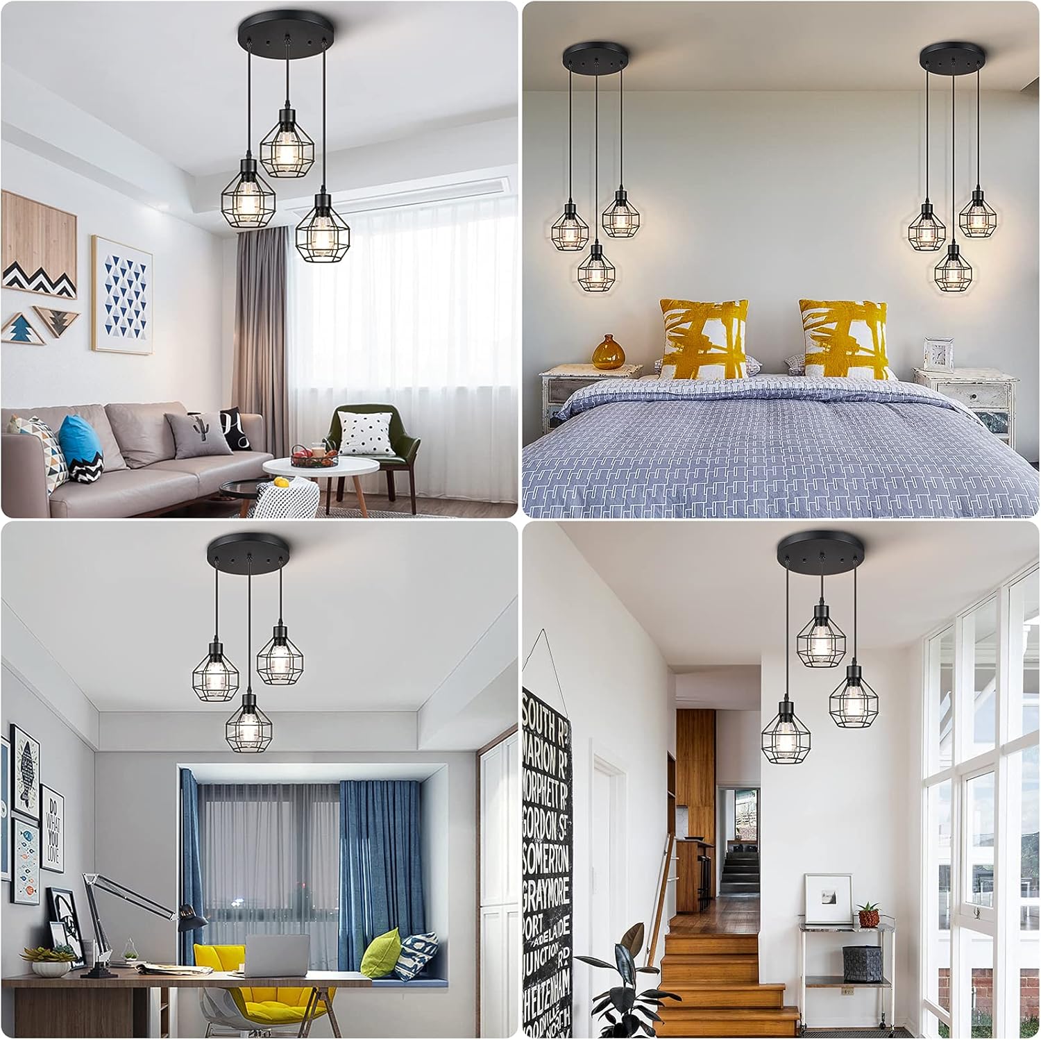 3-Light Industrial Pendant Lighting, Adjustable Hanging Pendant Light Fixtures, Vintage Black Metal Caged Pendant Light, Farmhouse Hanging Ceiling Light for Kitchen Island Dining Room Bedroom Hallway - - 